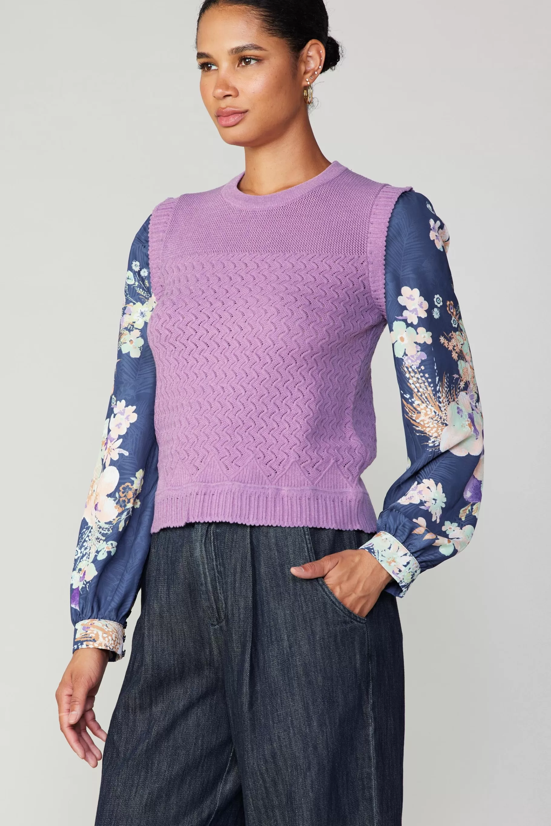 Current Air Long Sleeve Tops | Sweaters>Floral Contrast Sleeve Sweater Top LILAC