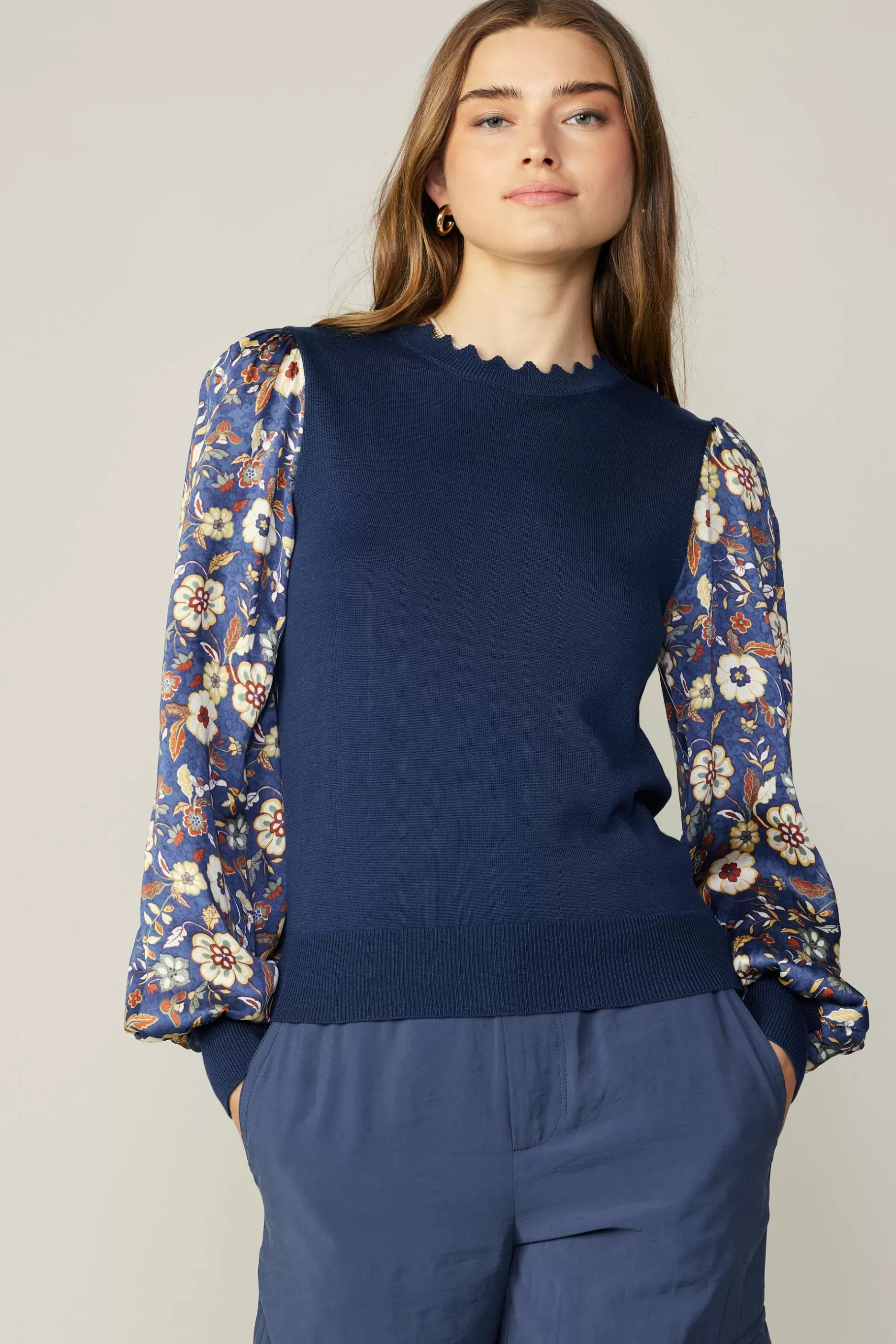 Current Air Long Sleeve Tops | Sweaters>Floral Contrast Sweater Top NAVYFLORAL