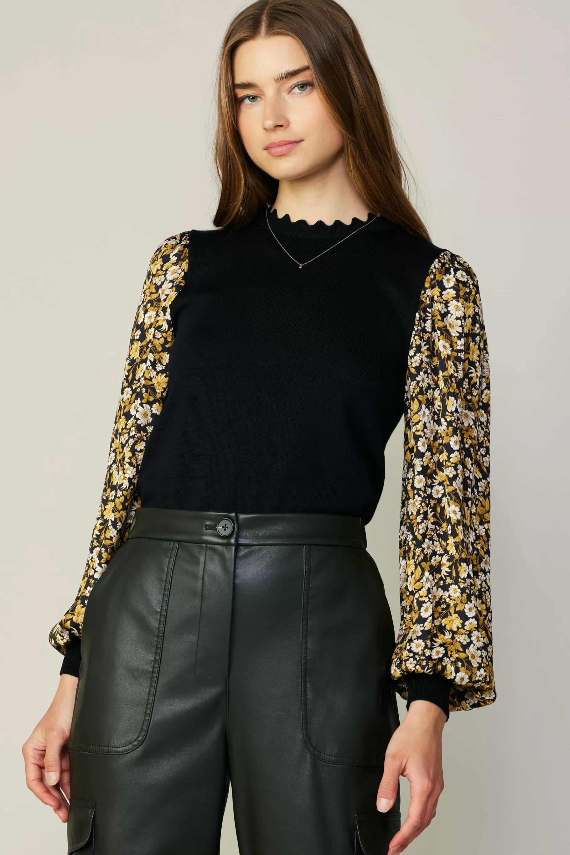 Current Air Long Sleeve Tops | Sweaters>Floral Contrast Sweater Top BLACKFLORAL