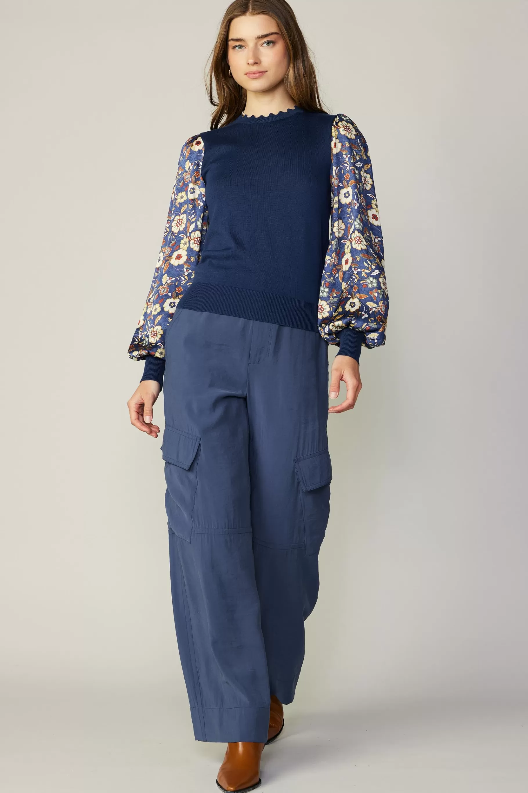 Current Air Long Sleeve Tops | Sweaters>Floral Contrast Sweater Top NAVYFLORAL