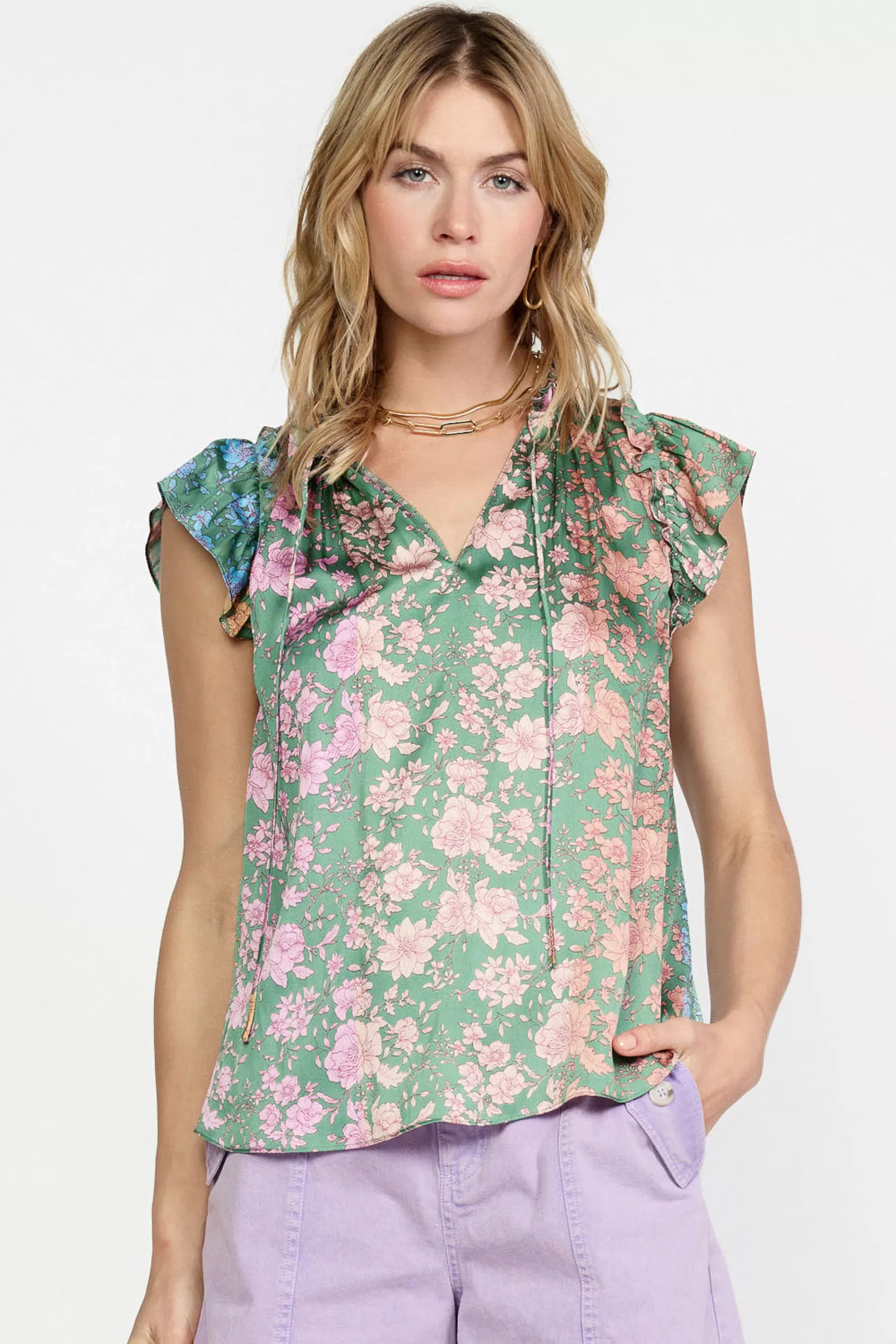 Current Air Sleeveless Tops>Floral Gradient Ruffled Blouse FLORALGREENMLT