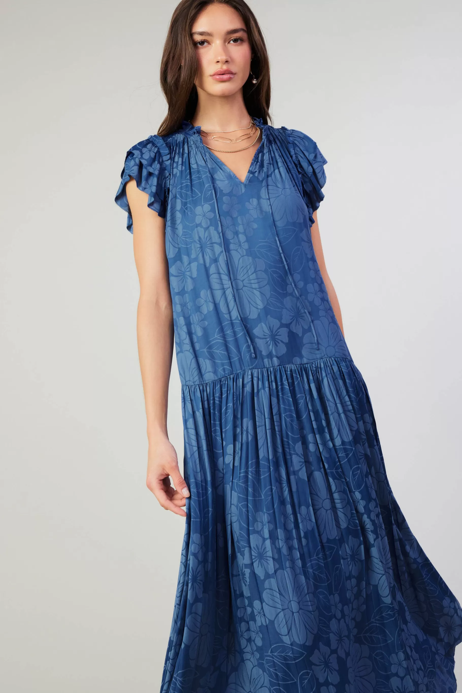 Current Air Maxi Dresses>Floral Jacquard Maxi Dress PARISIANBLUE