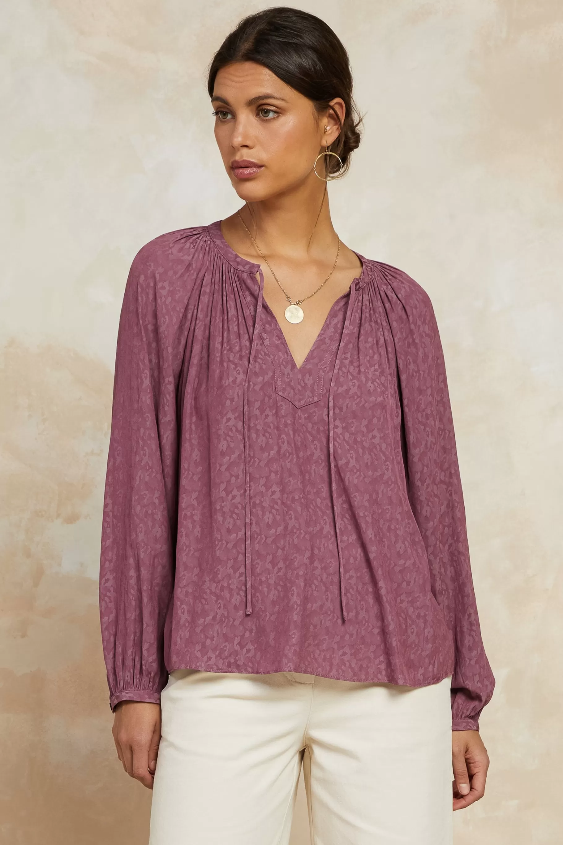 Current Air Long Sleeve Tops>Floral Jacquard Split Neck Top DRIEDROSE