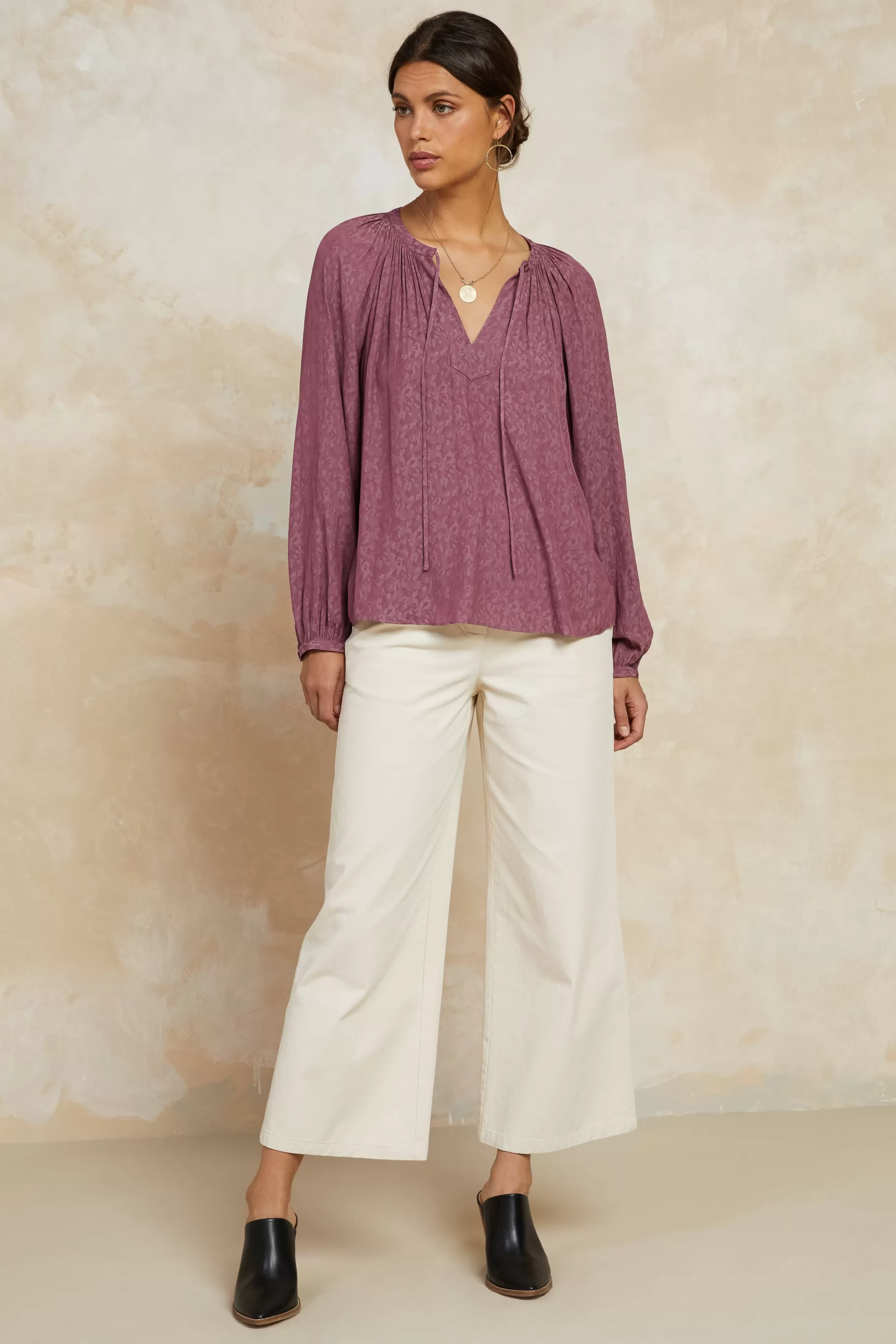 Current Air Long Sleeve Tops>Floral Jacquard Split Neck Top DRIEDROSE