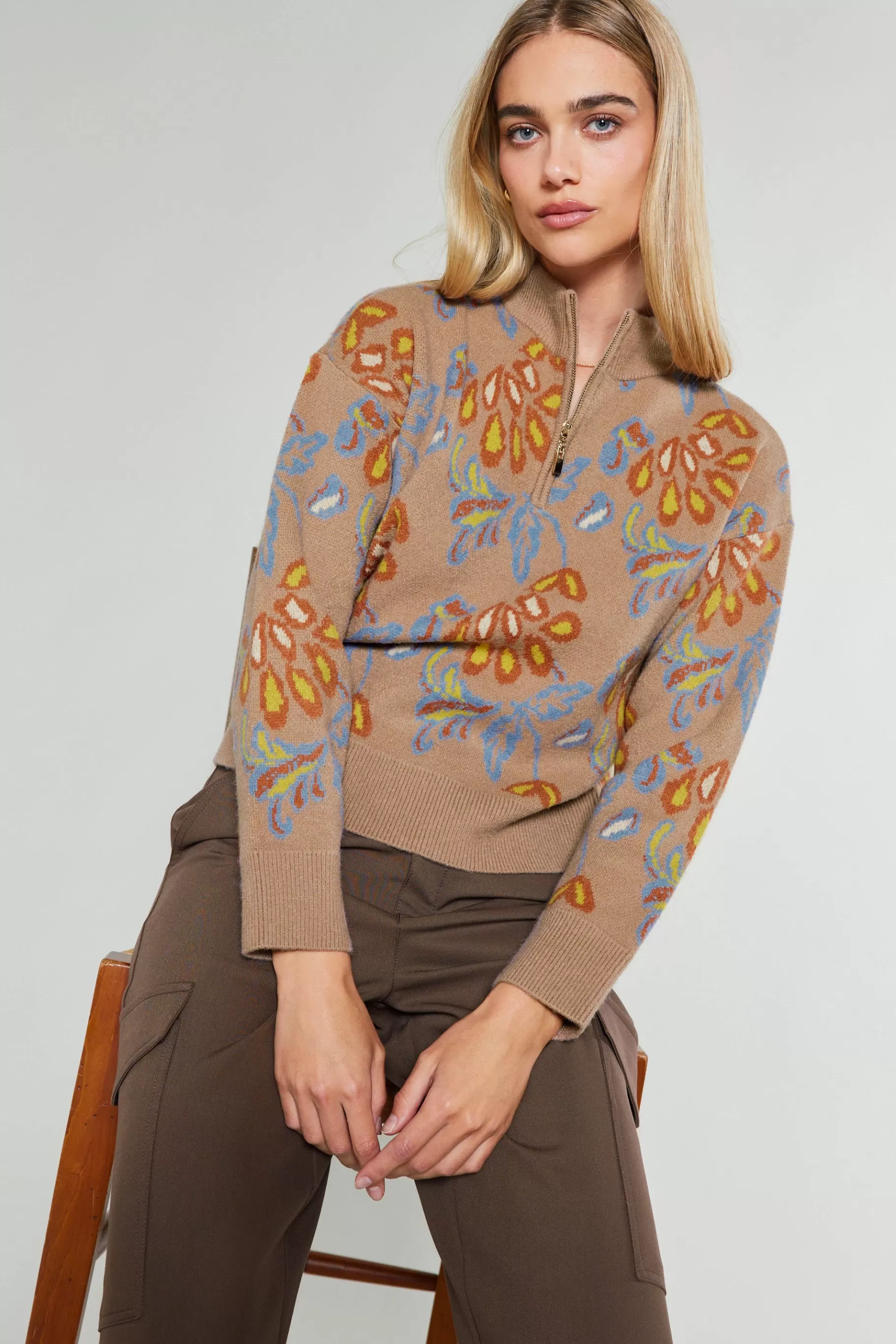 Current Air Knitwear | Sweaters>Floral Jacquard Zip Sweater TAUPEMULTI