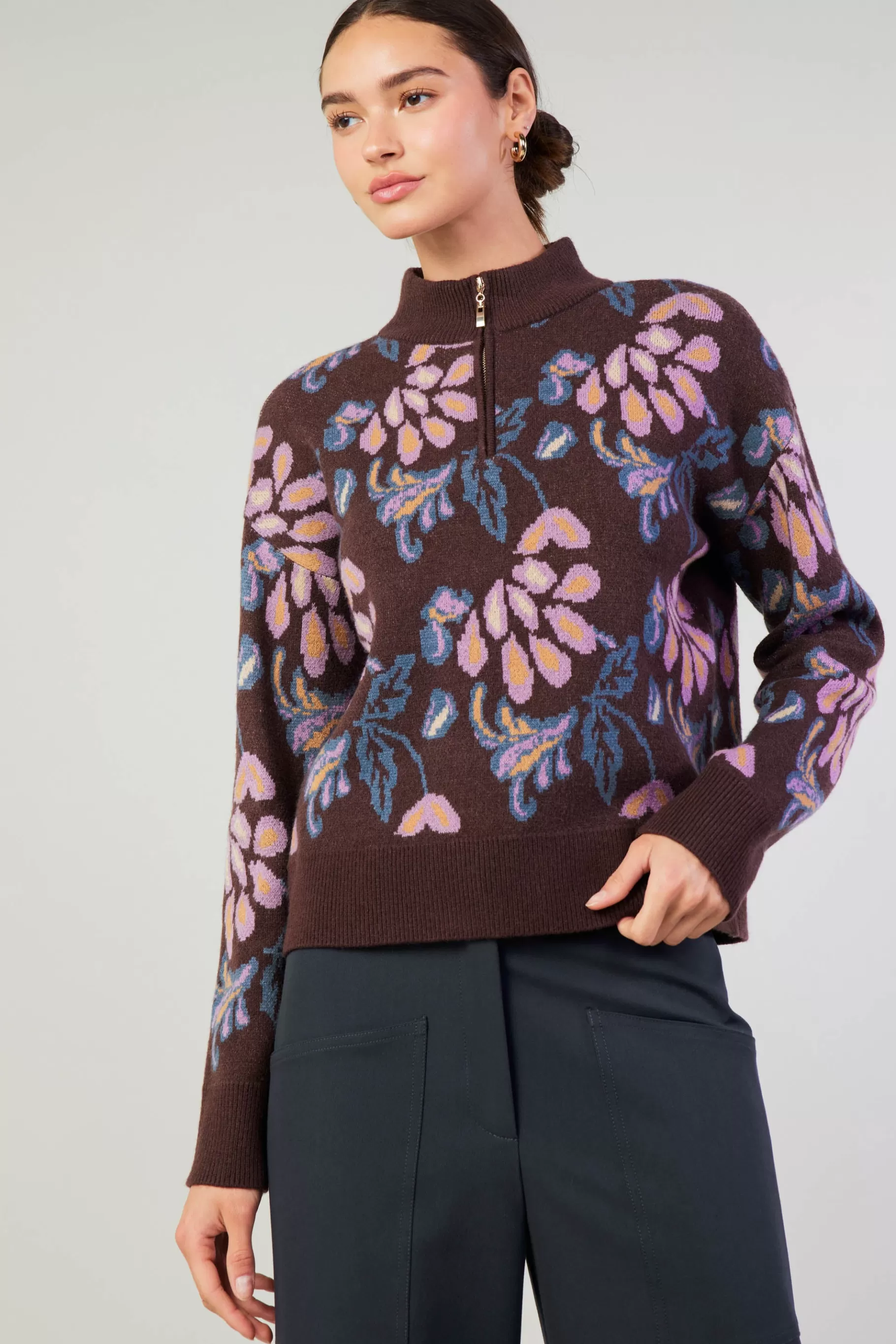 Current Air Knitwear | Sweaters>Floral Jacquard Zip Sweater BROWNMLT