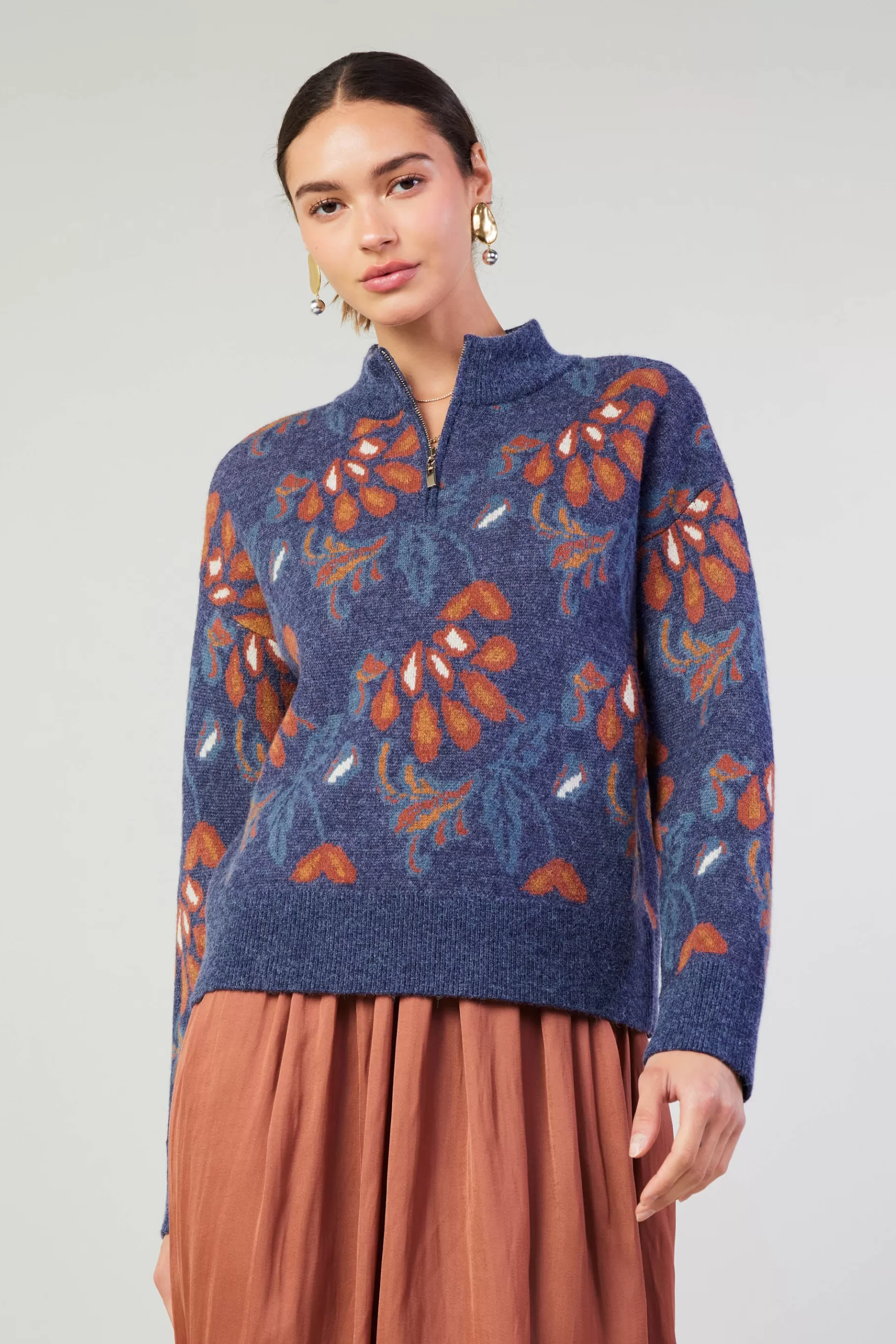 Current Air Knitwear | Sweaters>Floral Jacquard Zip Sweater DENIMBLUE