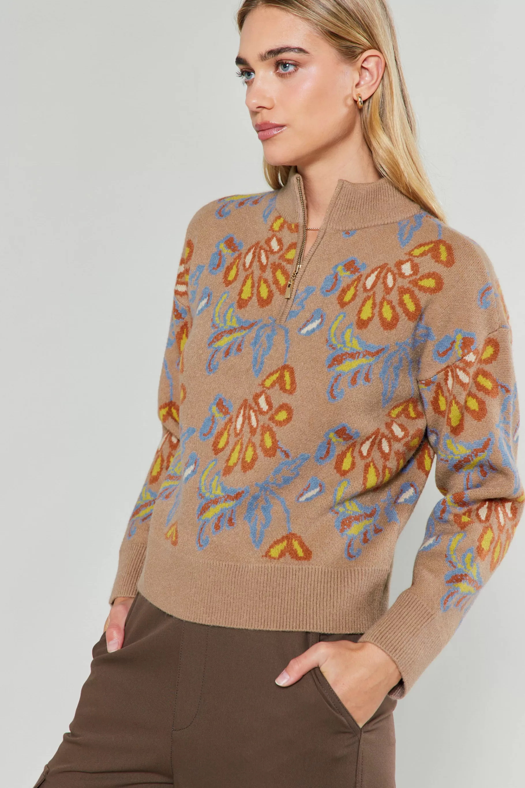 Current Air Knitwear | Sweaters>Floral Jacquard Zip Sweater TAUPEMULTI