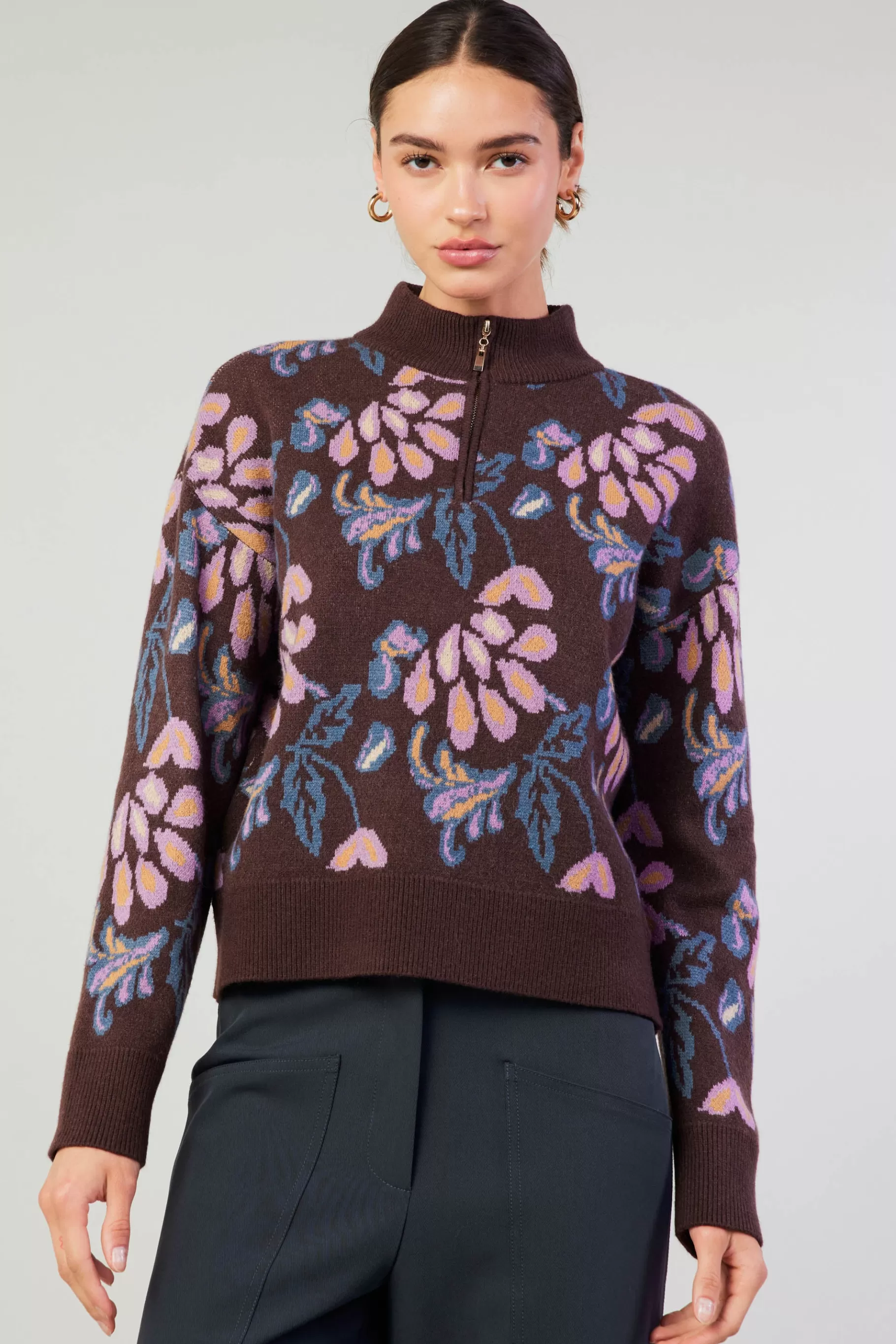 Current Air Knitwear | Sweaters>Floral Jacquard Zip Sweater BROWNMLT