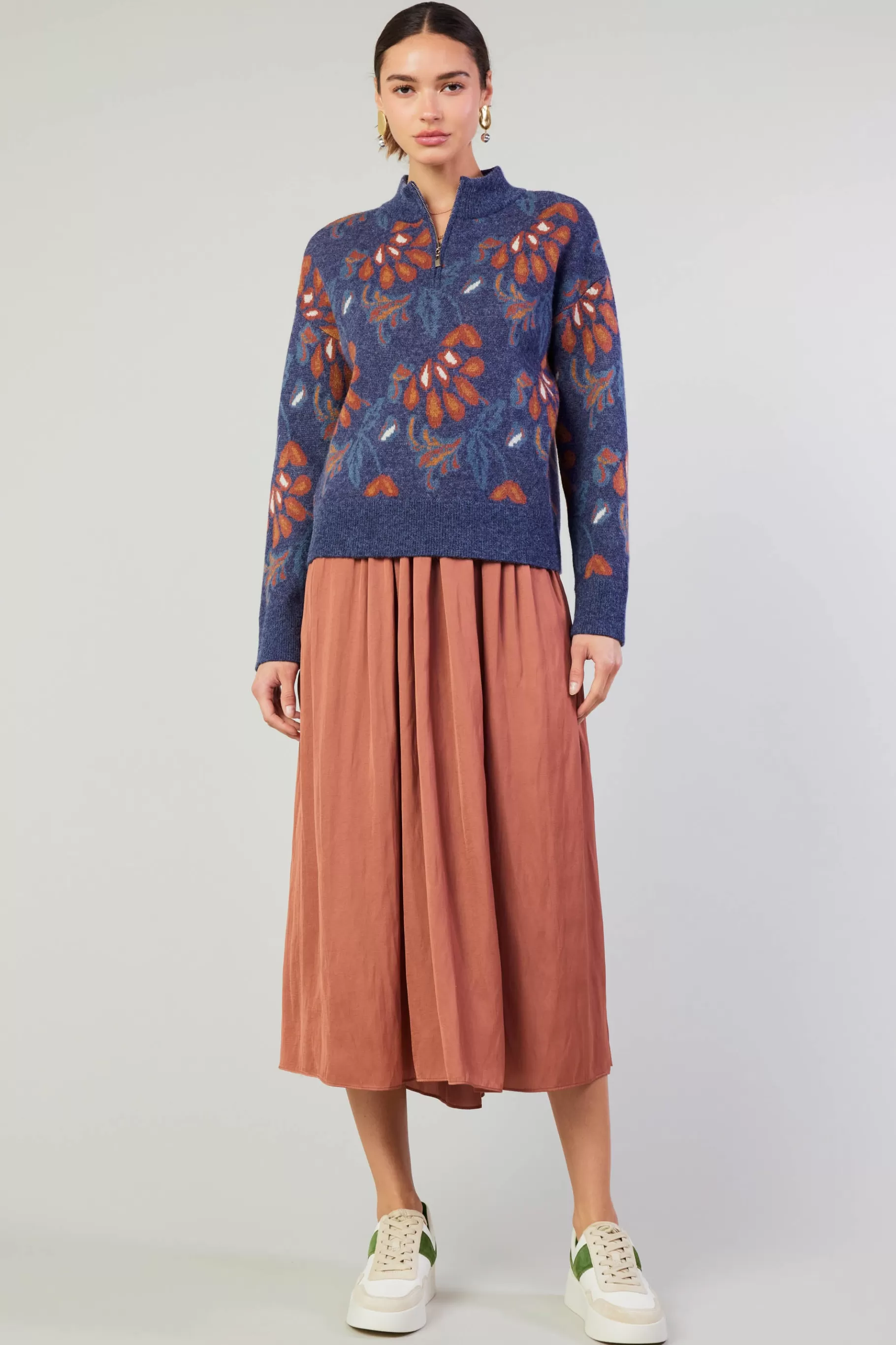 Current Air Knitwear | Sweaters>Floral Jacquard Zip Sweater DENIMBLUE