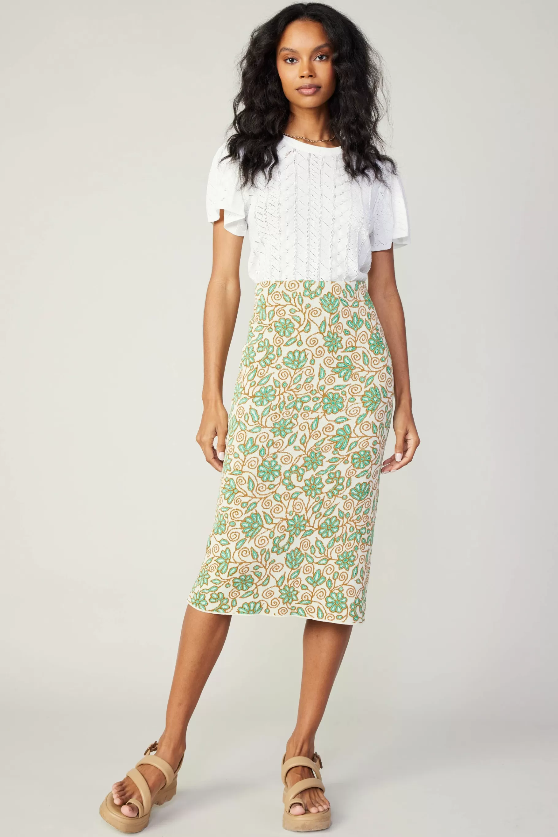 Current Air Knitwear>Floral Knit Midi Skirt GREENMLT