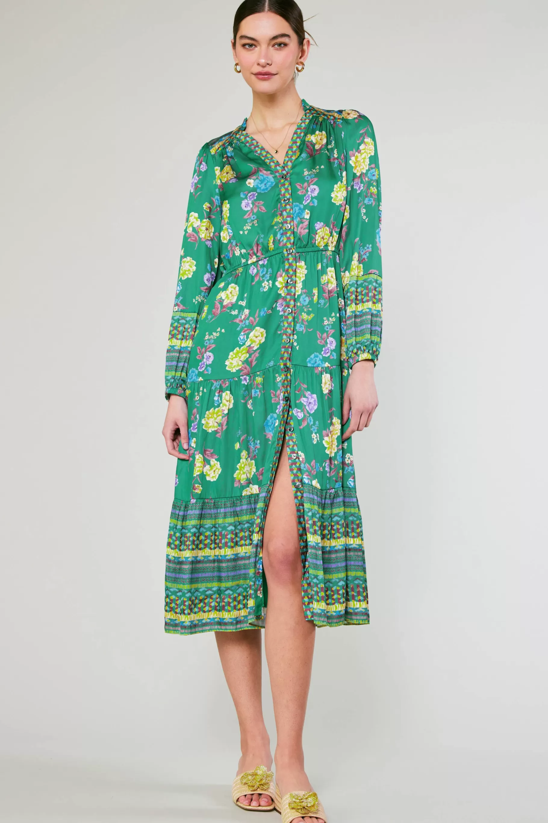 Current Air Midi Dresses>Floral Motif Buttondown Dress GREENFLORALMLT