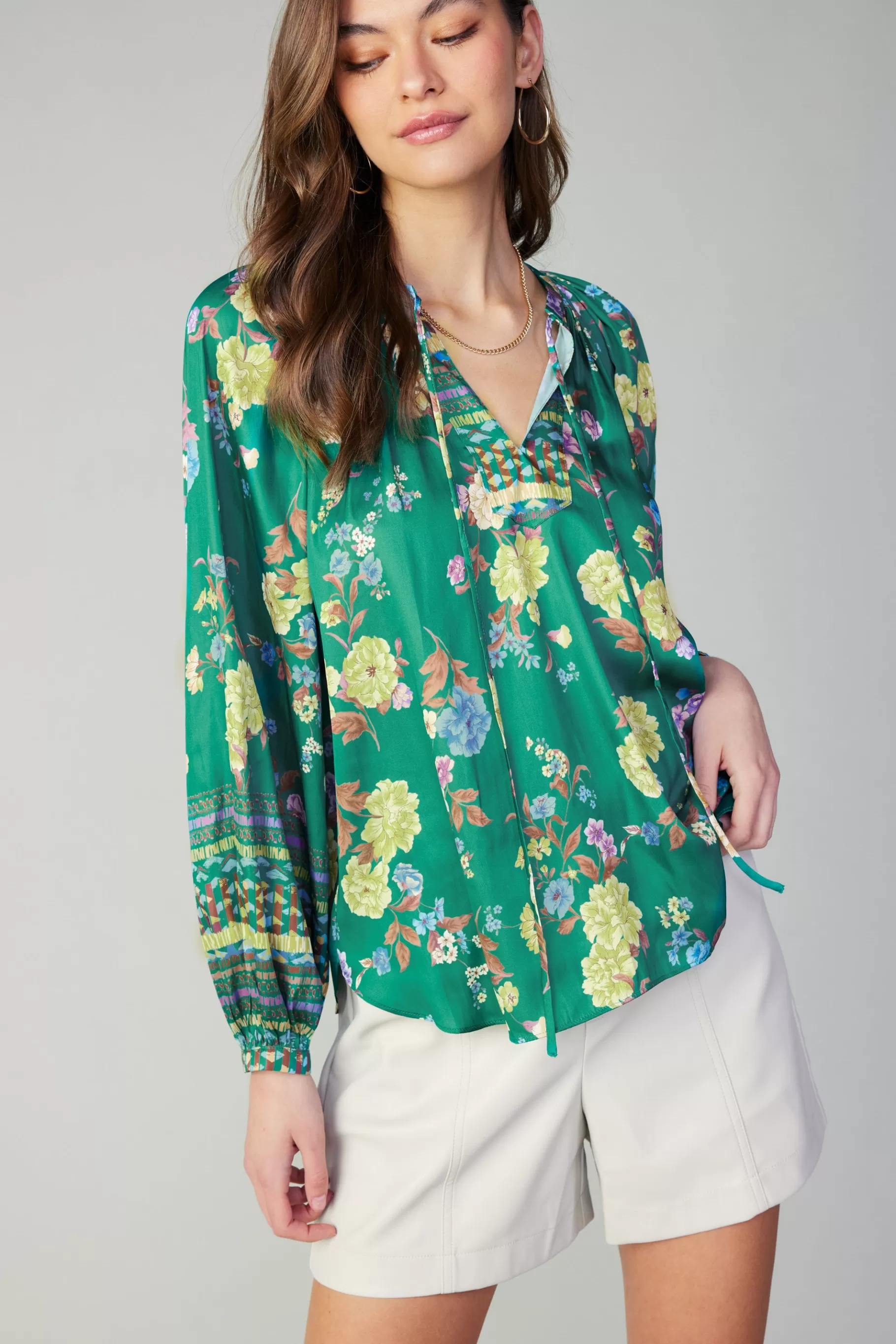 Current Air Long Sleeve Tops>Floral Motif Tieneck Blouse GREENFLORALMLT