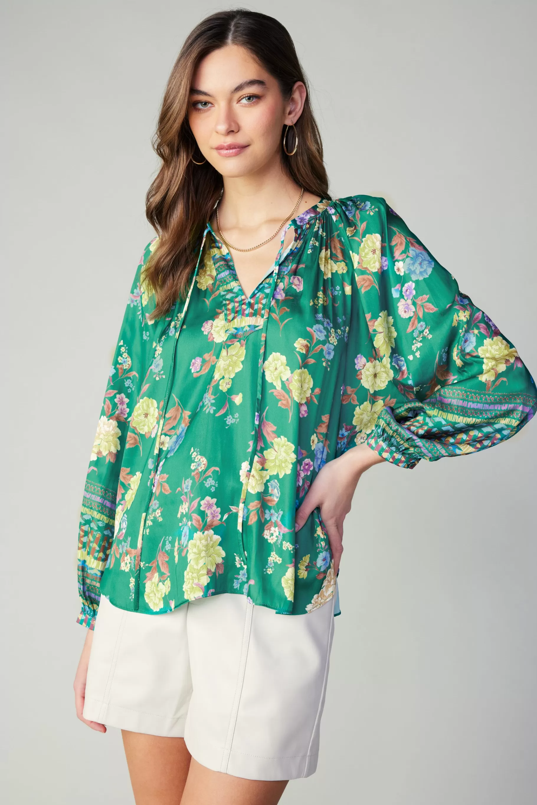 Current Air Long Sleeve Tops>Floral Motif Tieneck Blouse GREENFLORALMLT