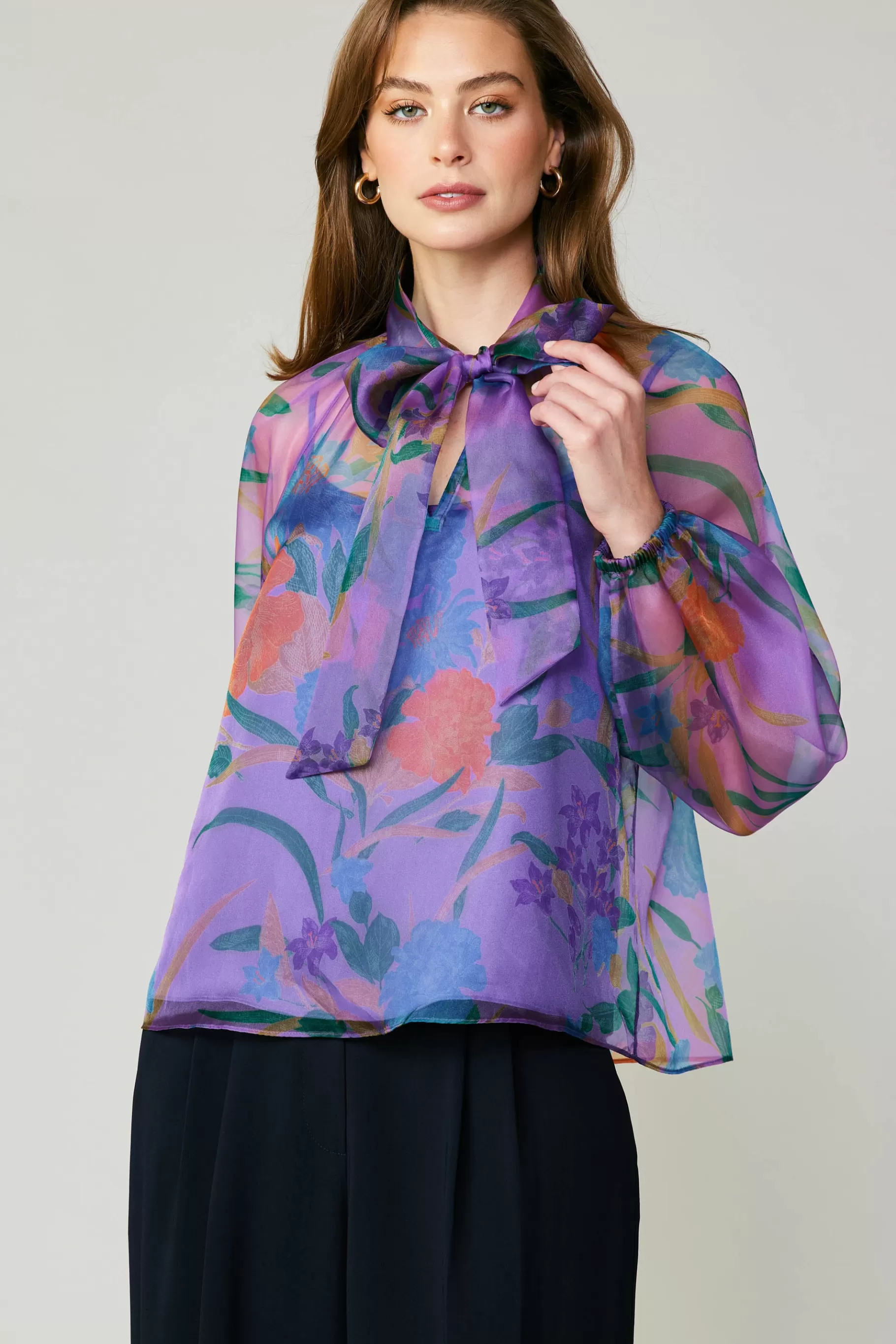 Current Air Long Sleeve Tops>Floral Organza Blouse PURPLE
