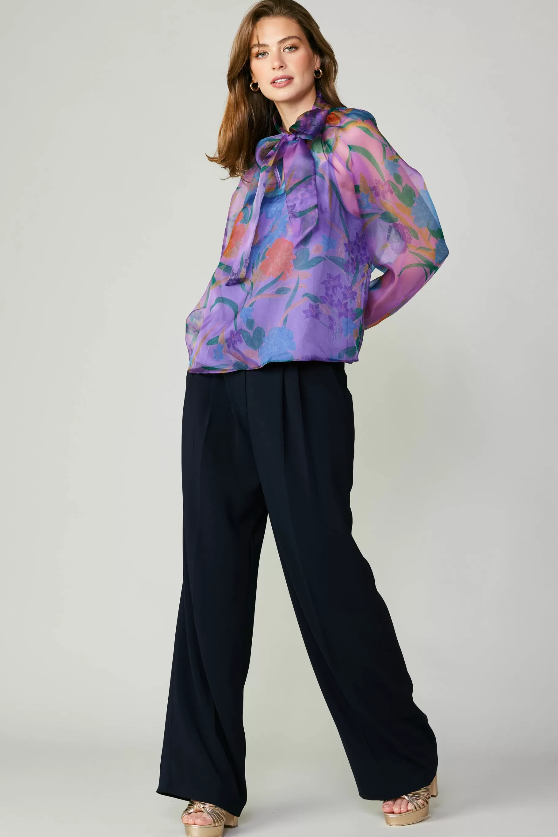 Current Air Long Sleeve Tops>Floral Organza Blouse PURPLE