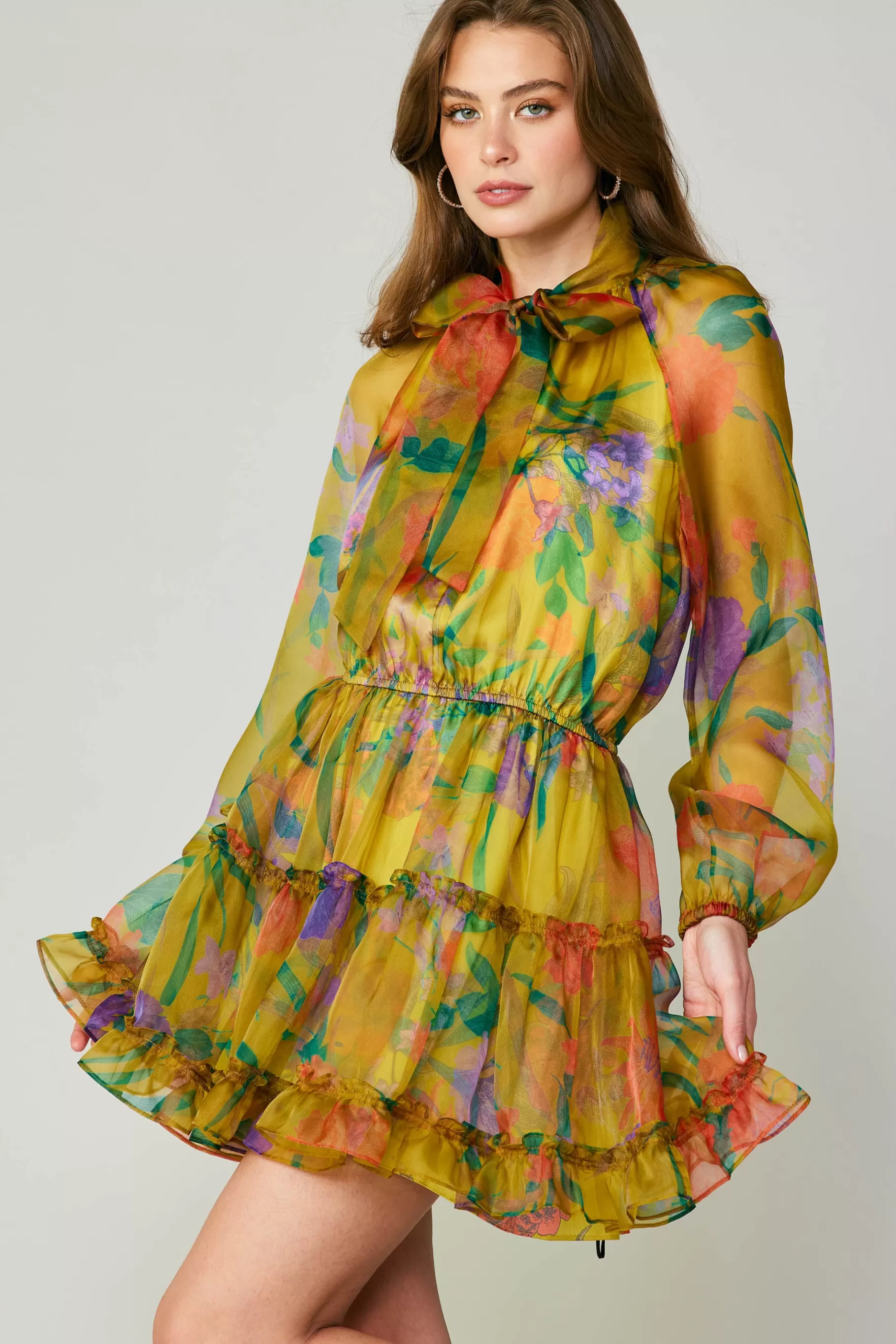 Current Air Mini Dresses>Floral Organza Mini Dress YELLOW