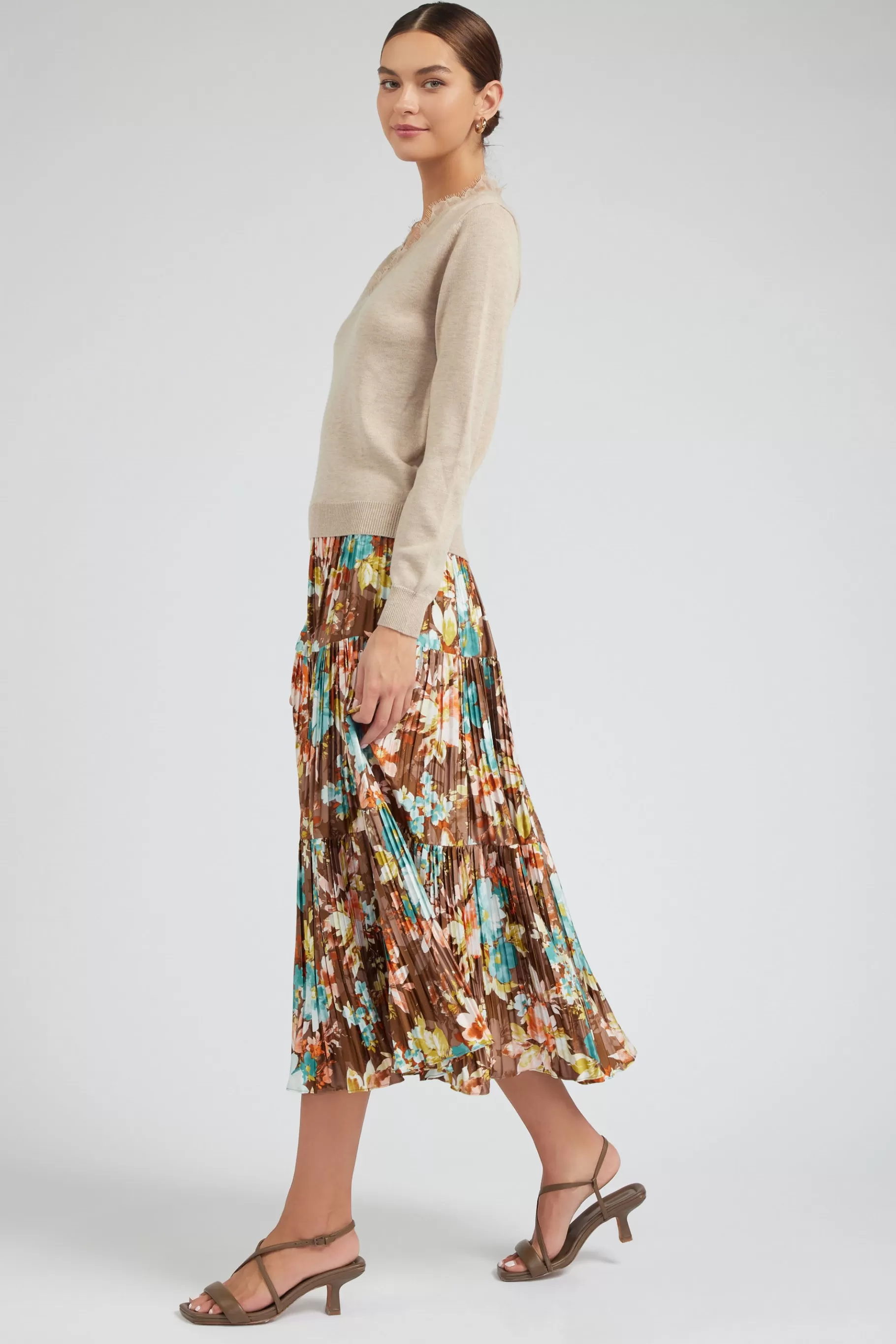 Current Air Skirts>Floral Pleated Midi Skirt BROWNMLT