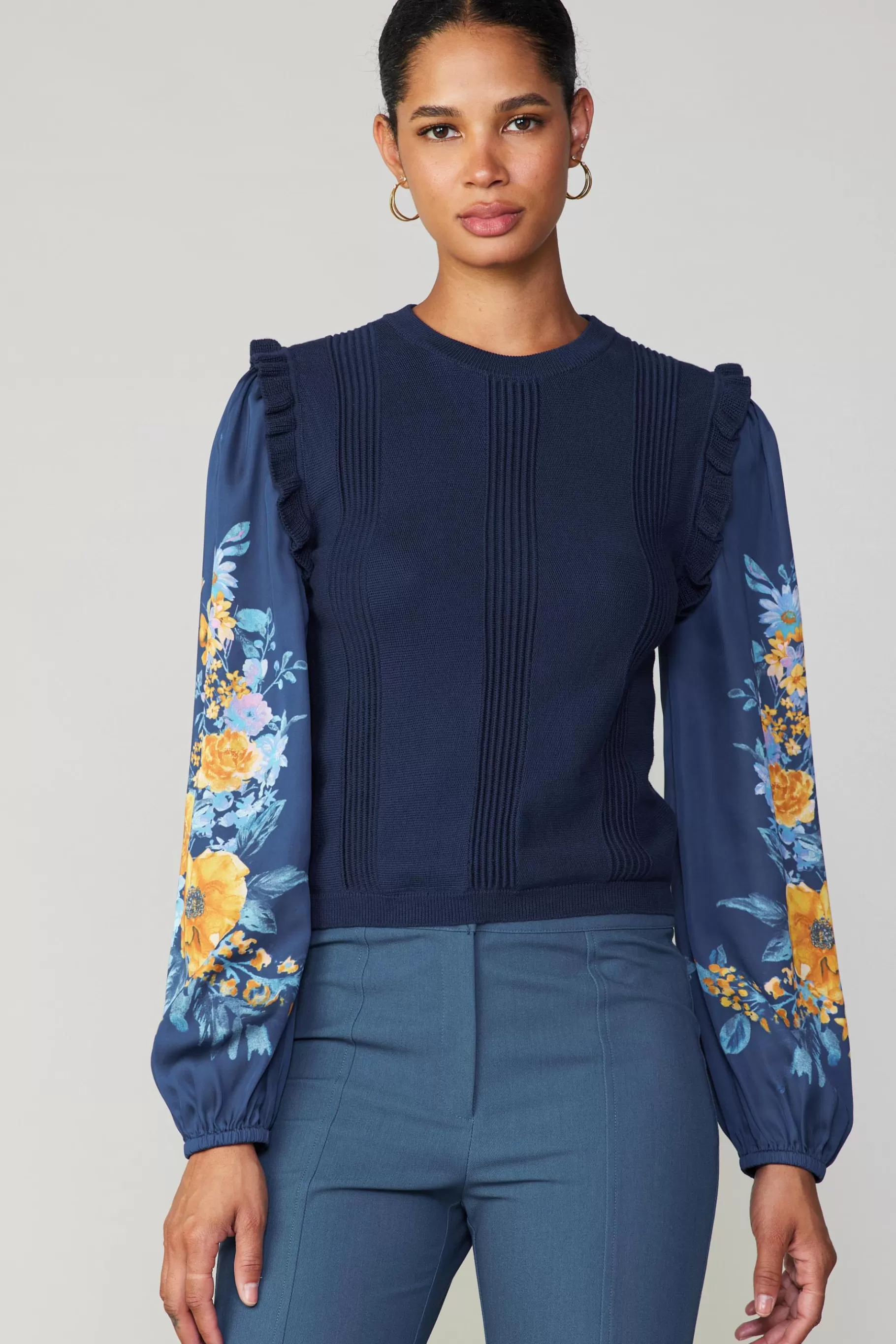 Current Air Sweaters>Floral Print Contrast Sweater Top NAVY