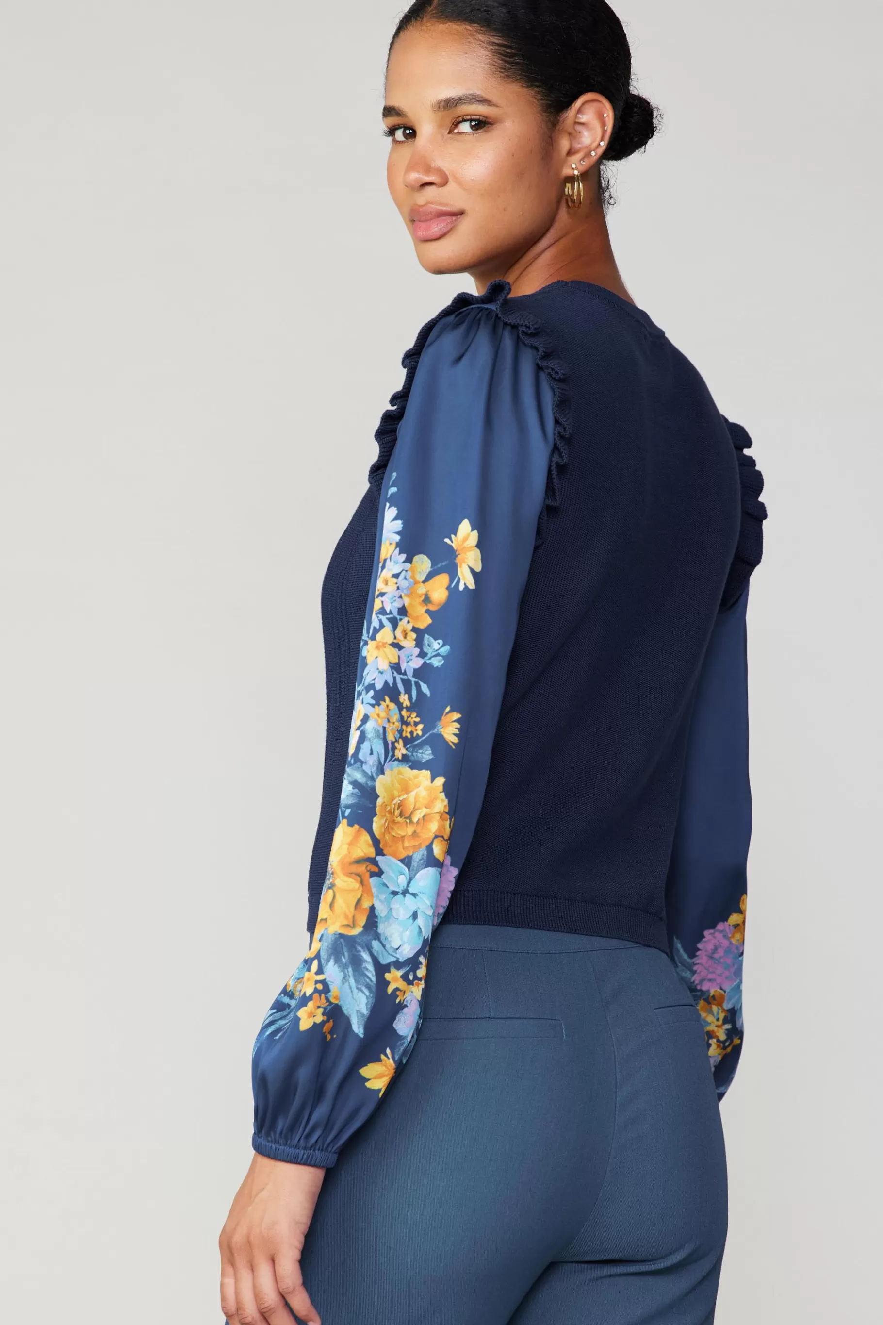 Current Air Sweaters>Floral Print Contrast Sweater Top NAVY