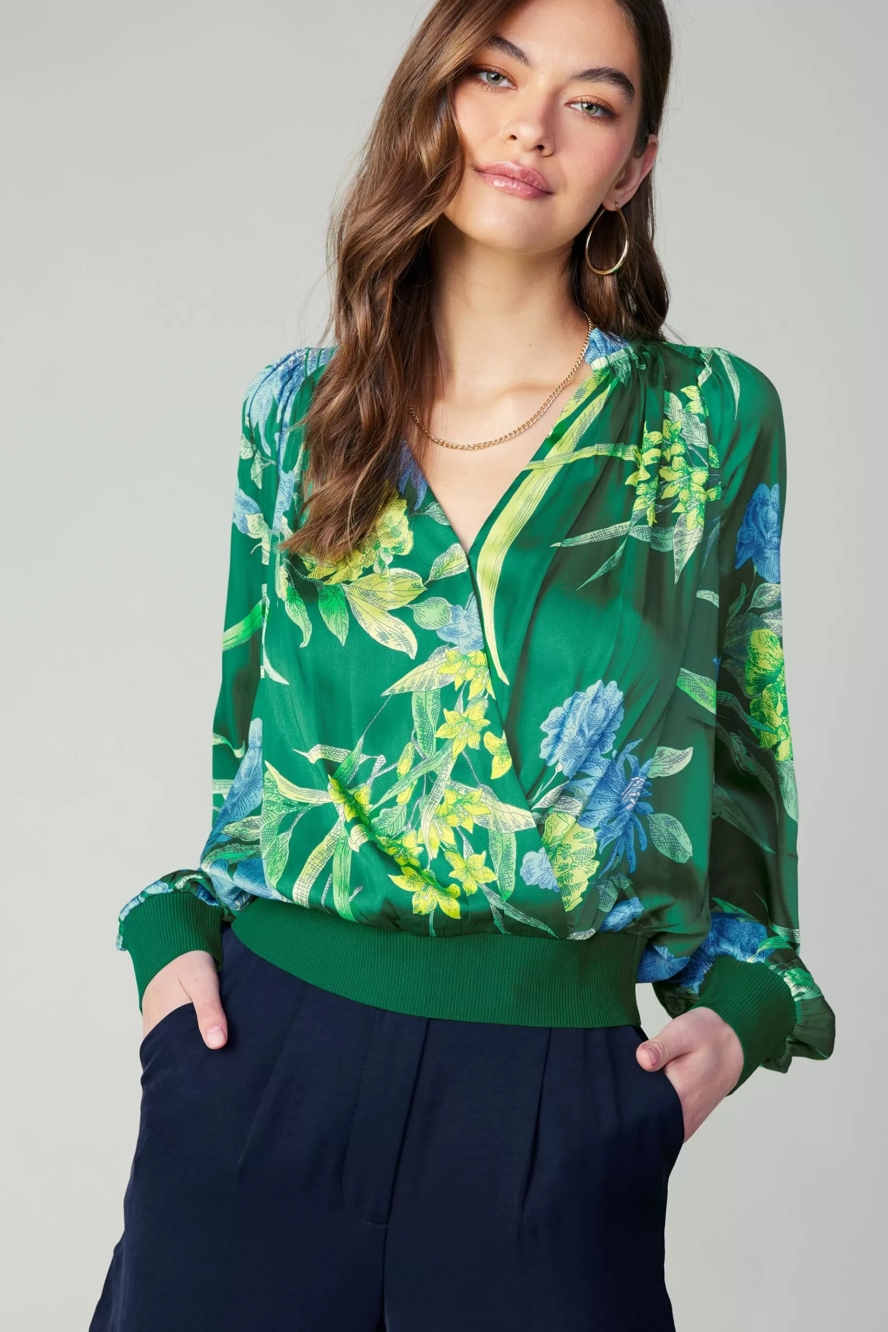Current Air Long Sleeve Tops>Floral Print Surplice Blouse GREENFLORAL
