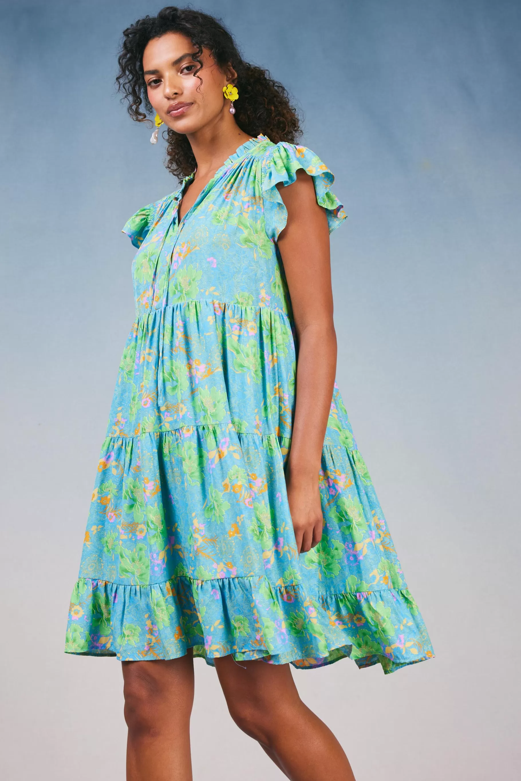 Current Air Mini Dresses>Floral Print Tiered Mini Dress BLUEMLT
