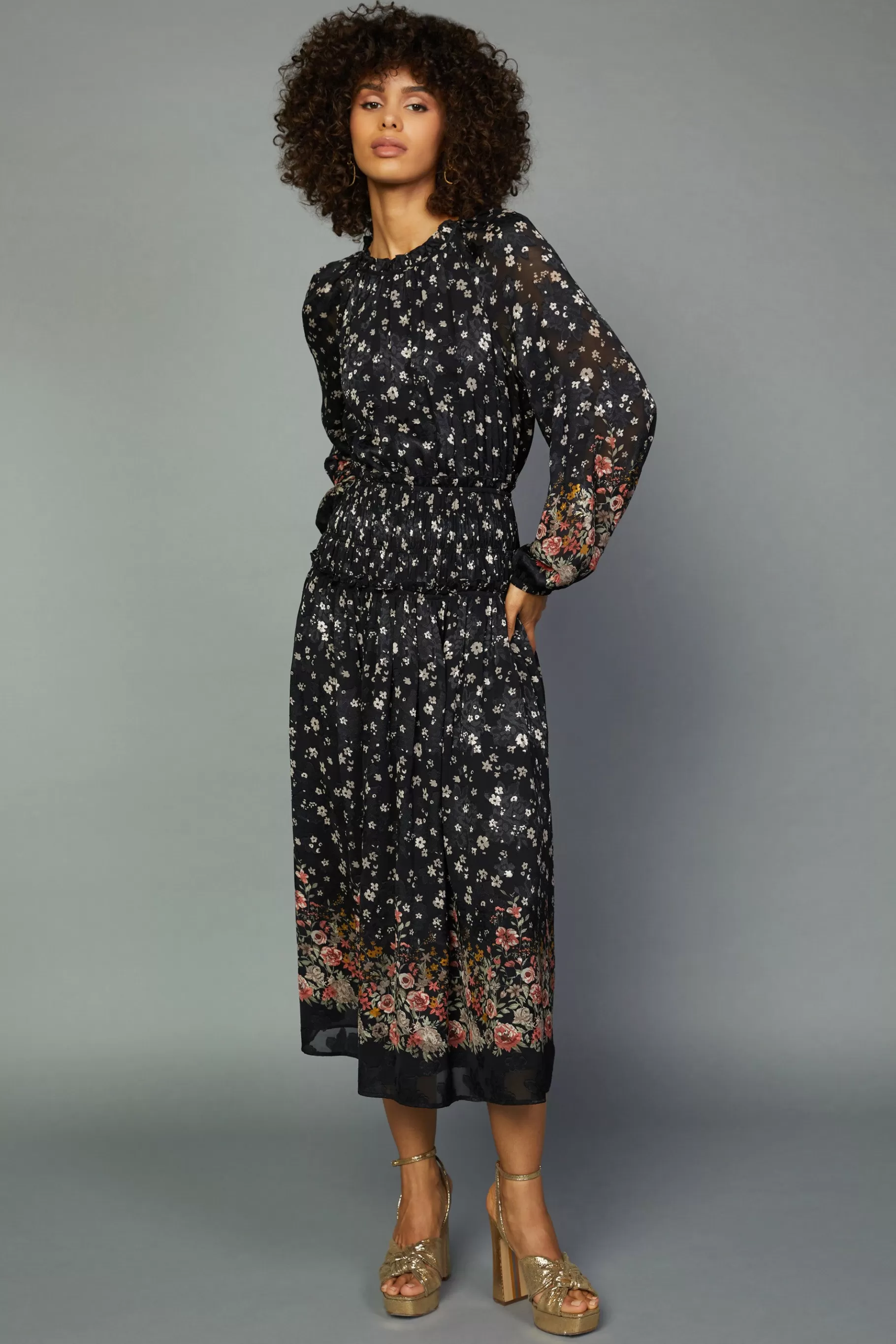 Current Air Midi Dresses>Floral Smocked Midi Dress BLACKFLORAL