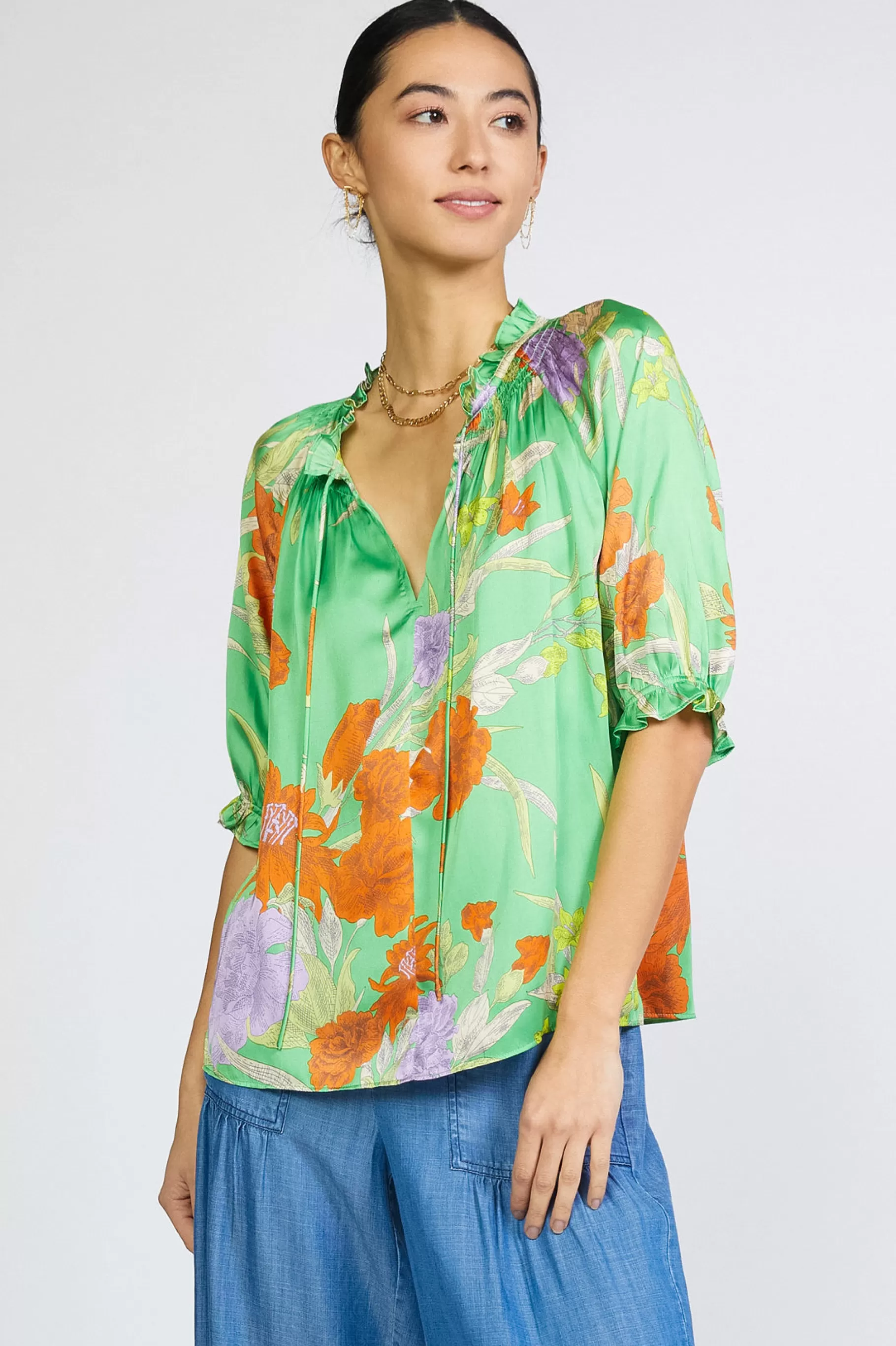 Current Air Short Sleeve Tops>Floral Split Neck Blouse FLORALGREEN