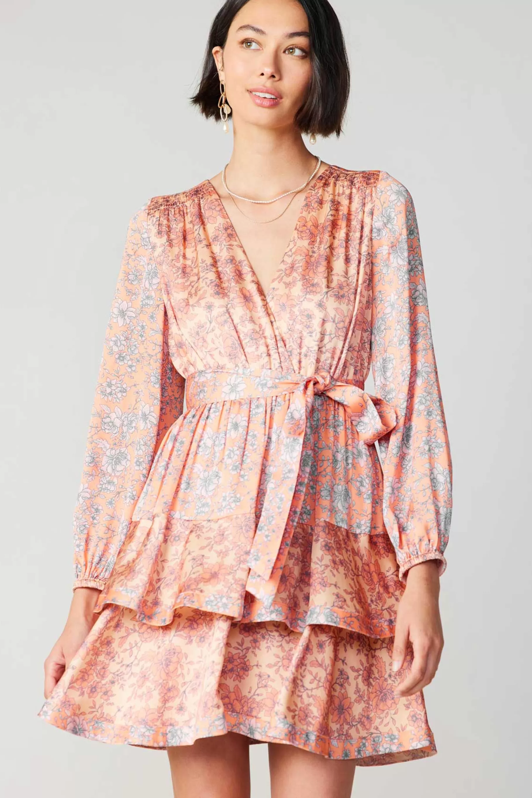 Current Air Mini Dresses>Floral Surplice Mini Dress CORAL