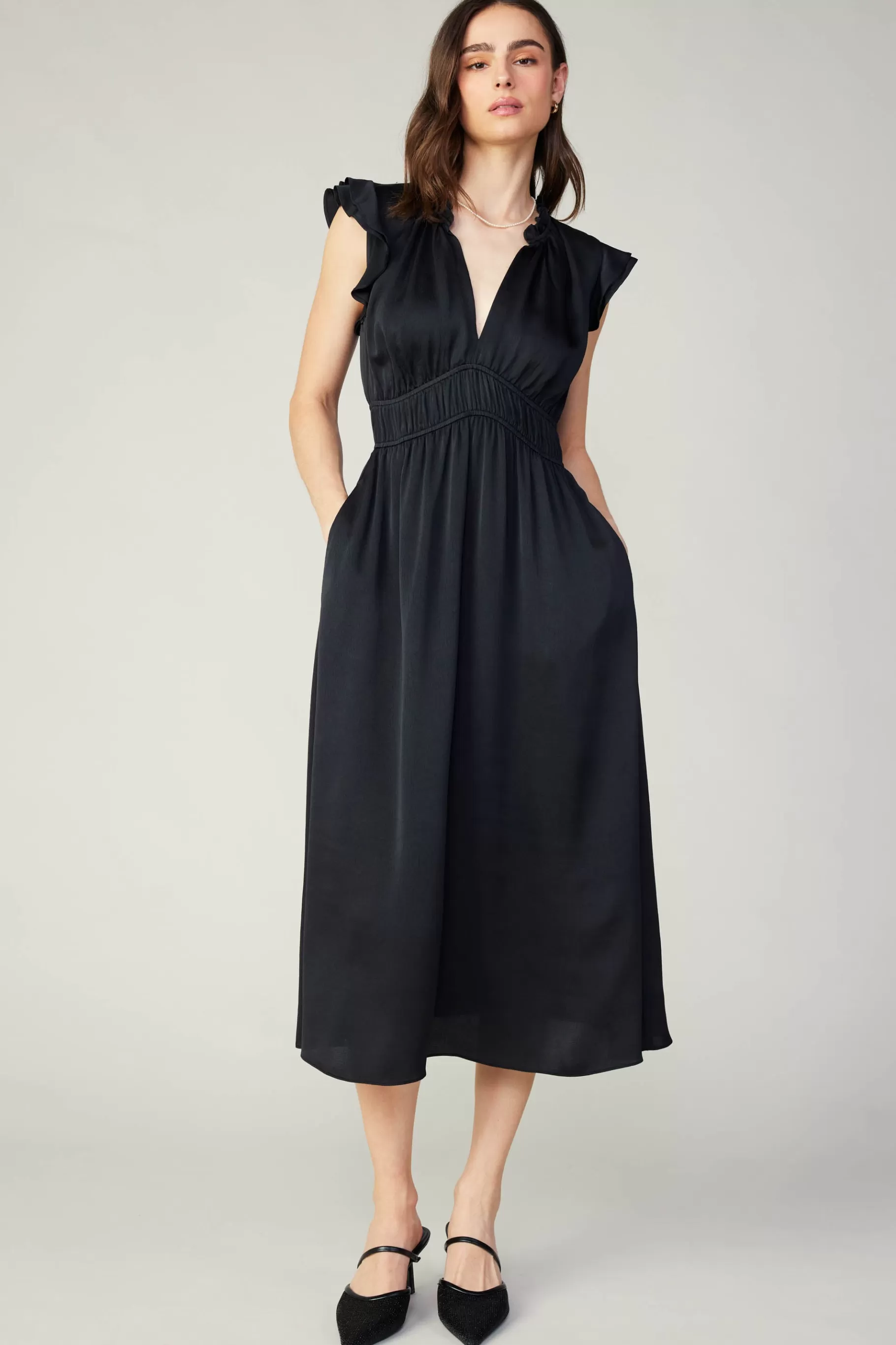 Current Air Midi Dresses>Florence Ruffled Midi Dress BLACK