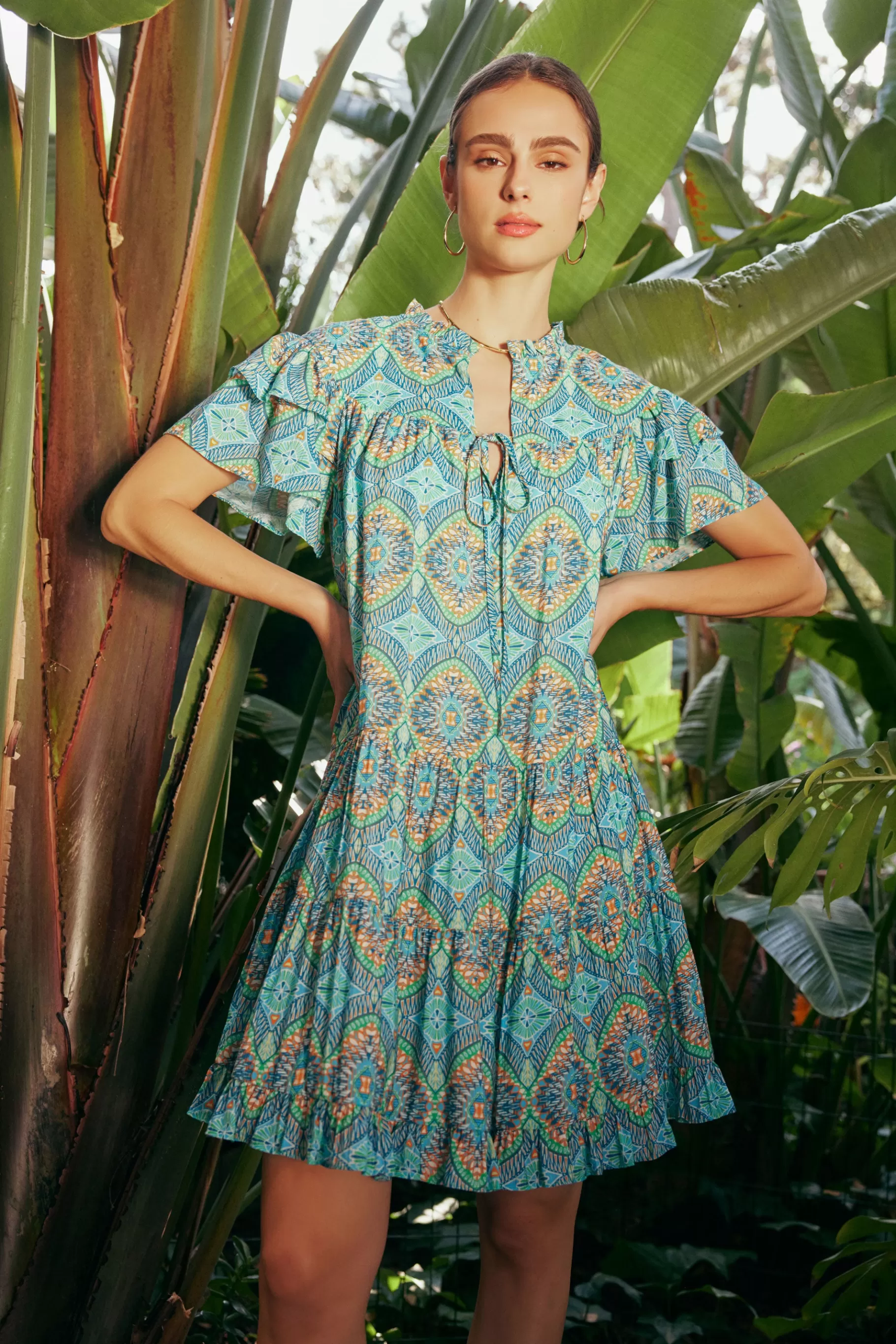 Current Air Mini Dresses>Flutter Sleeve Geo Print Dress BLUE