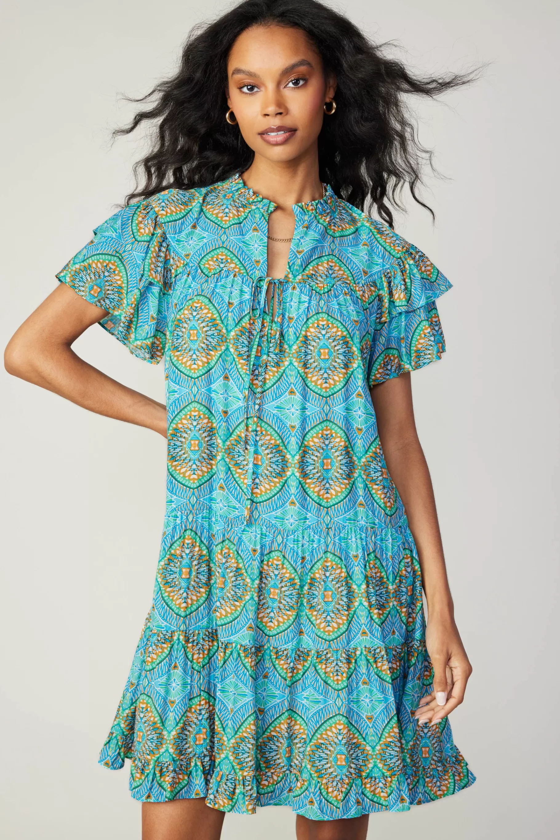 Current Air Mini Dresses>Flutter Sleeve Geo Print Dress BLUE