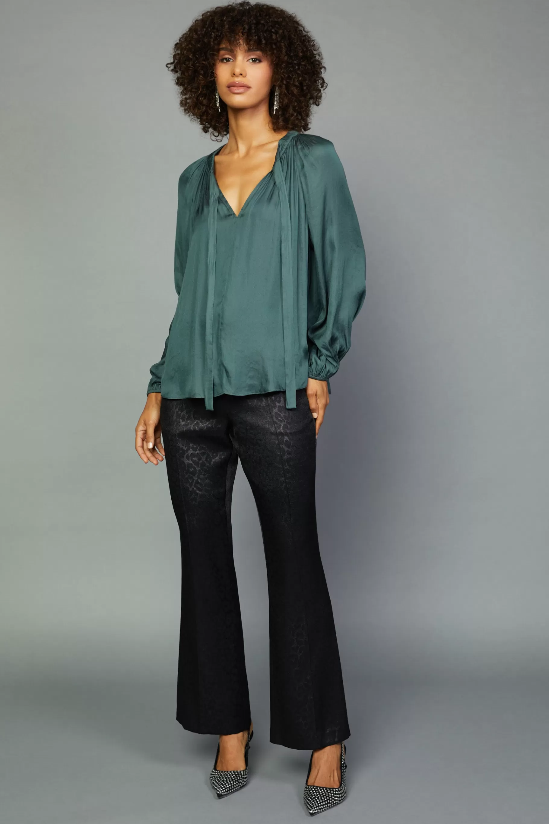 Current Air Long Sleeve Tops>Gathered Bow Tie Blouse FORESTGREEN
