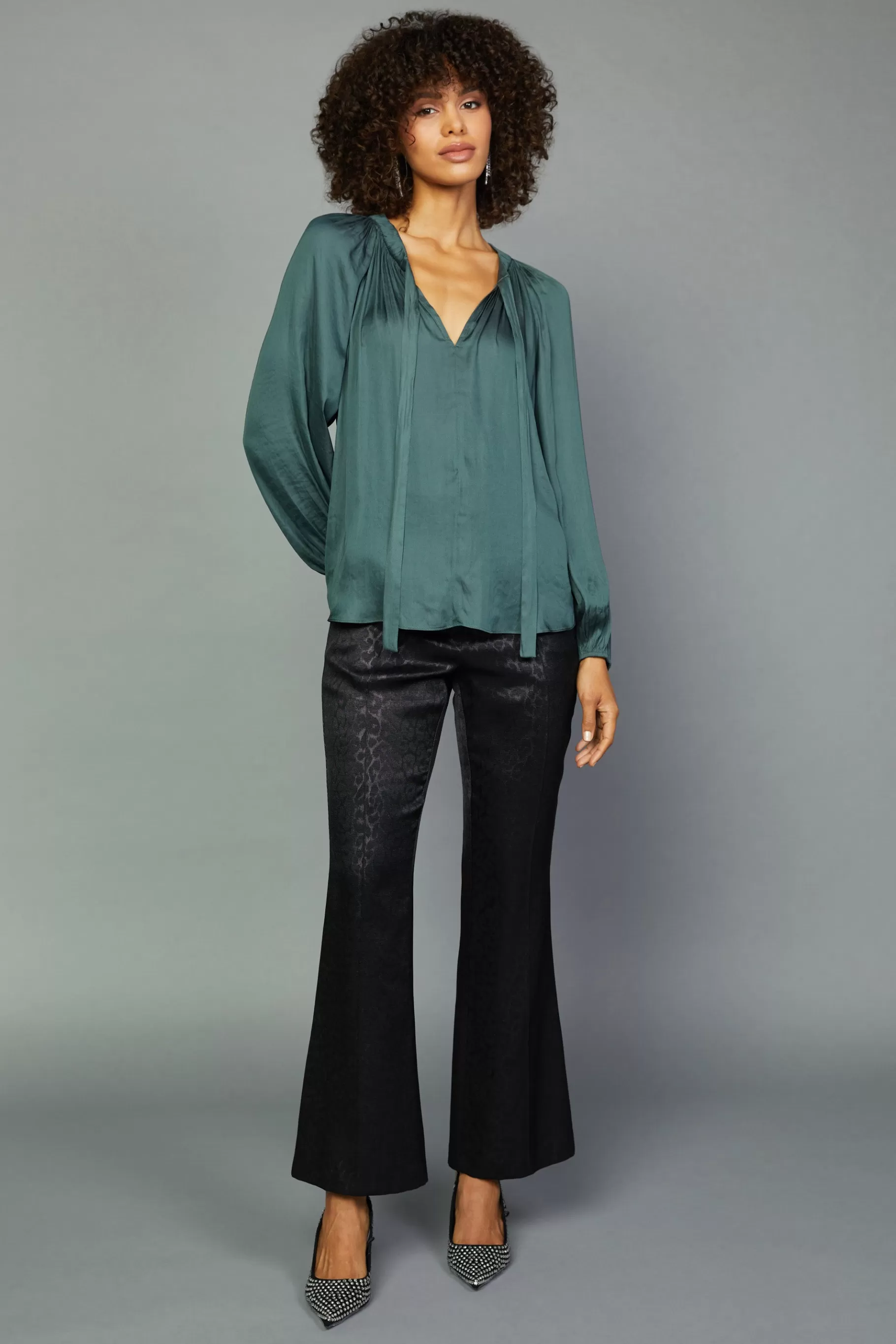 Current Air Long Sleeve Tops>Gathered Bow Tie Blouse FORESTGREEN