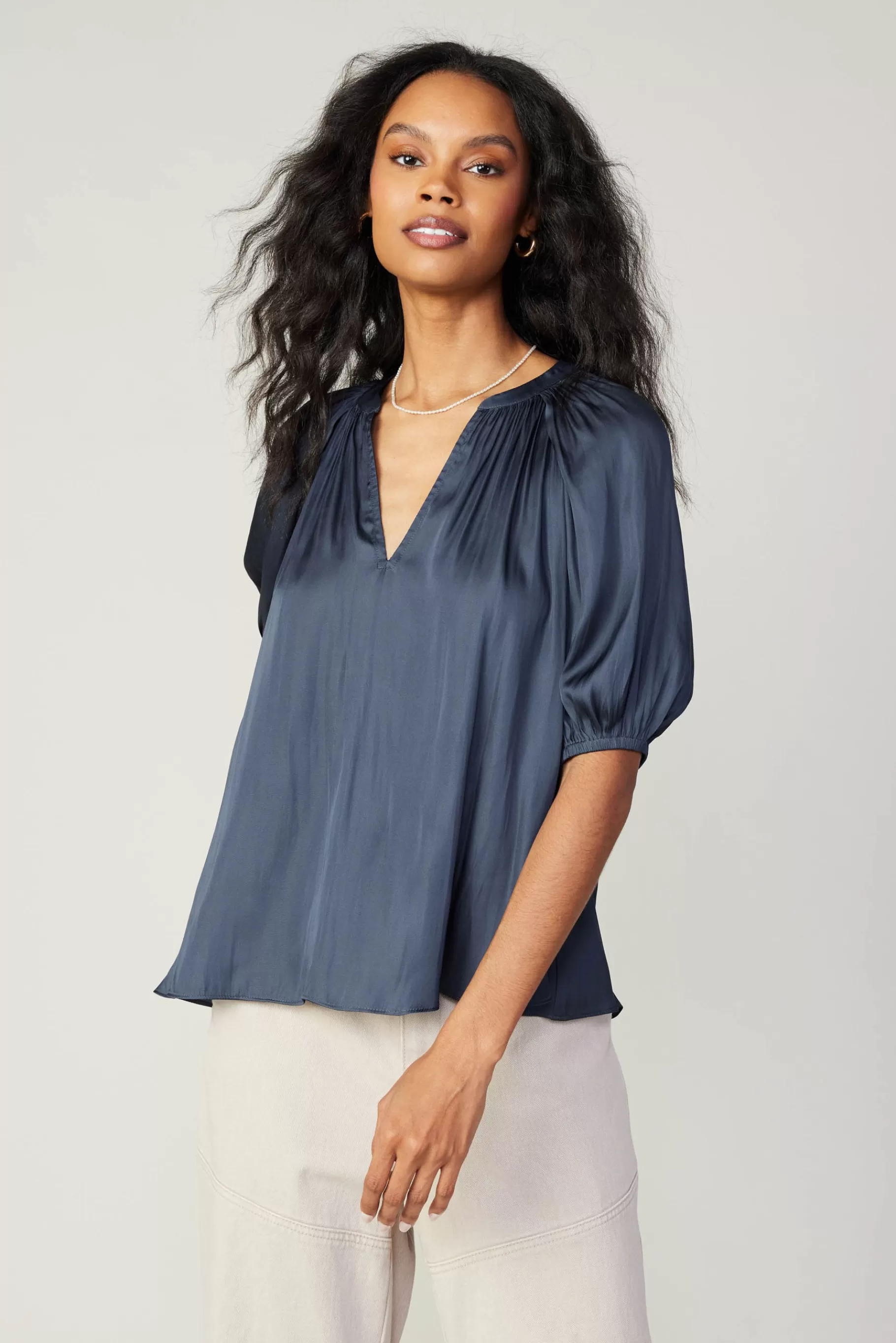 Current Air Short Sleeve Tops>Gathered Neckline Blouse SLATENAVY