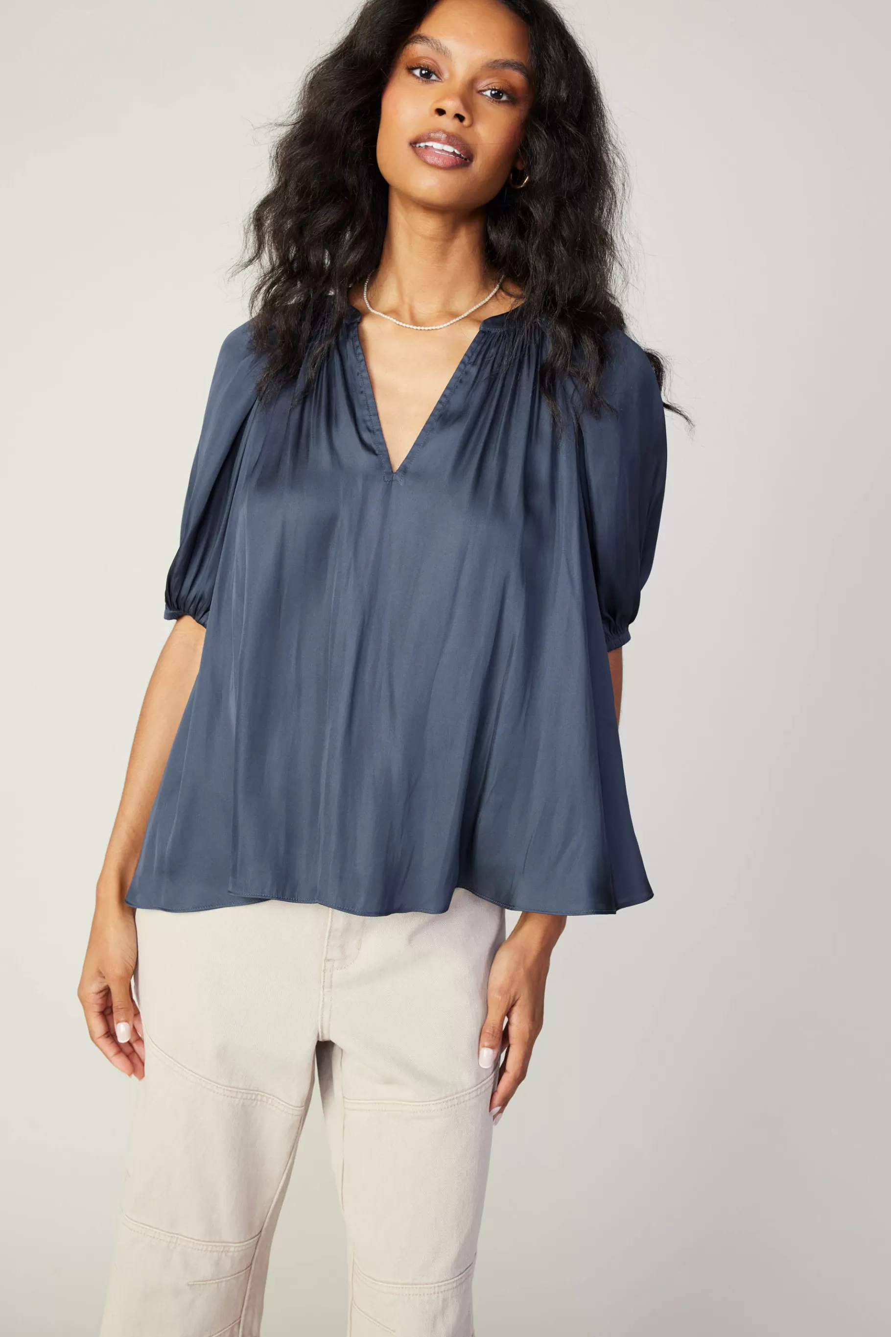 Current Air Short Sleeve Tops>Gathered Neckline Blouse SLATENAVY