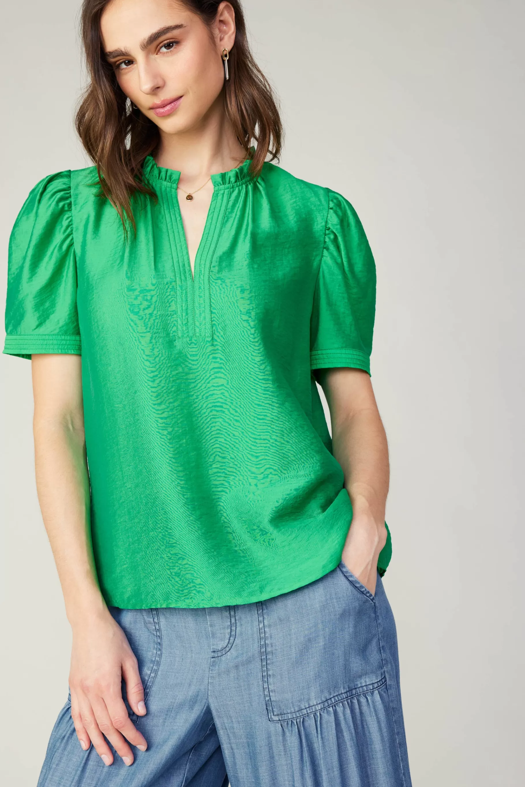 Current Air Short Sleeve Tops>Gathered Sleeve Blouse GREEN