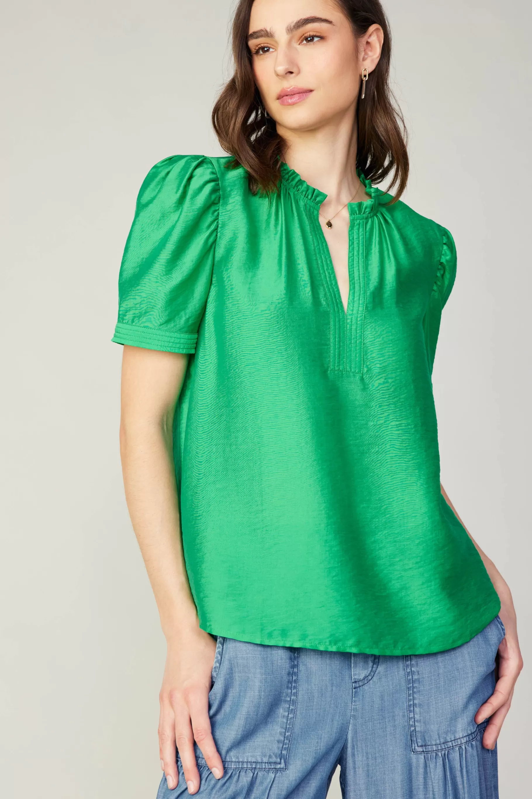 Current Air Short Sleeve Tops>Gathered Sleeve Blouse GREEN
