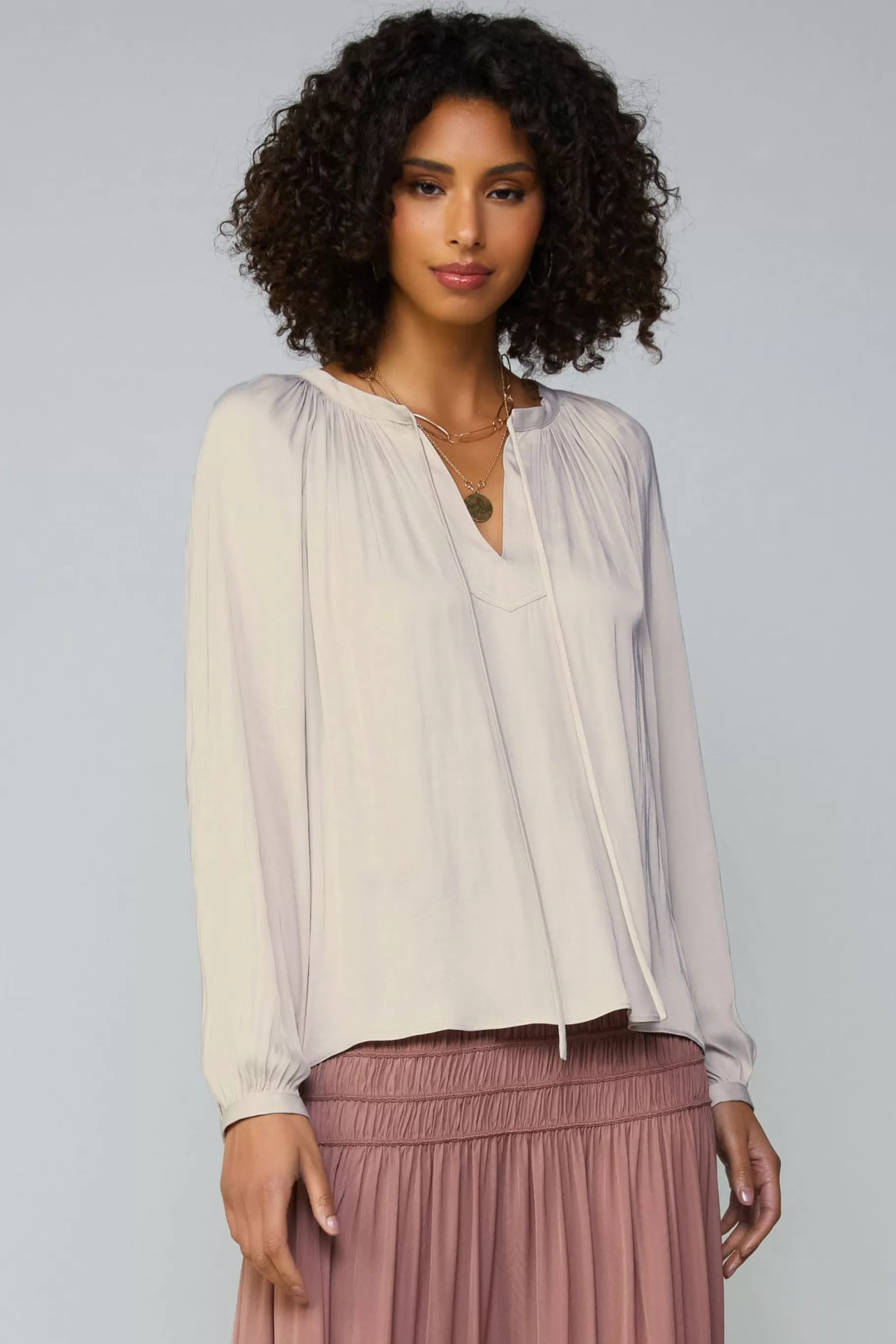 Current Air Long Sleeve Tops>Gathered Split Neck Blouse LIGHTTAUPE