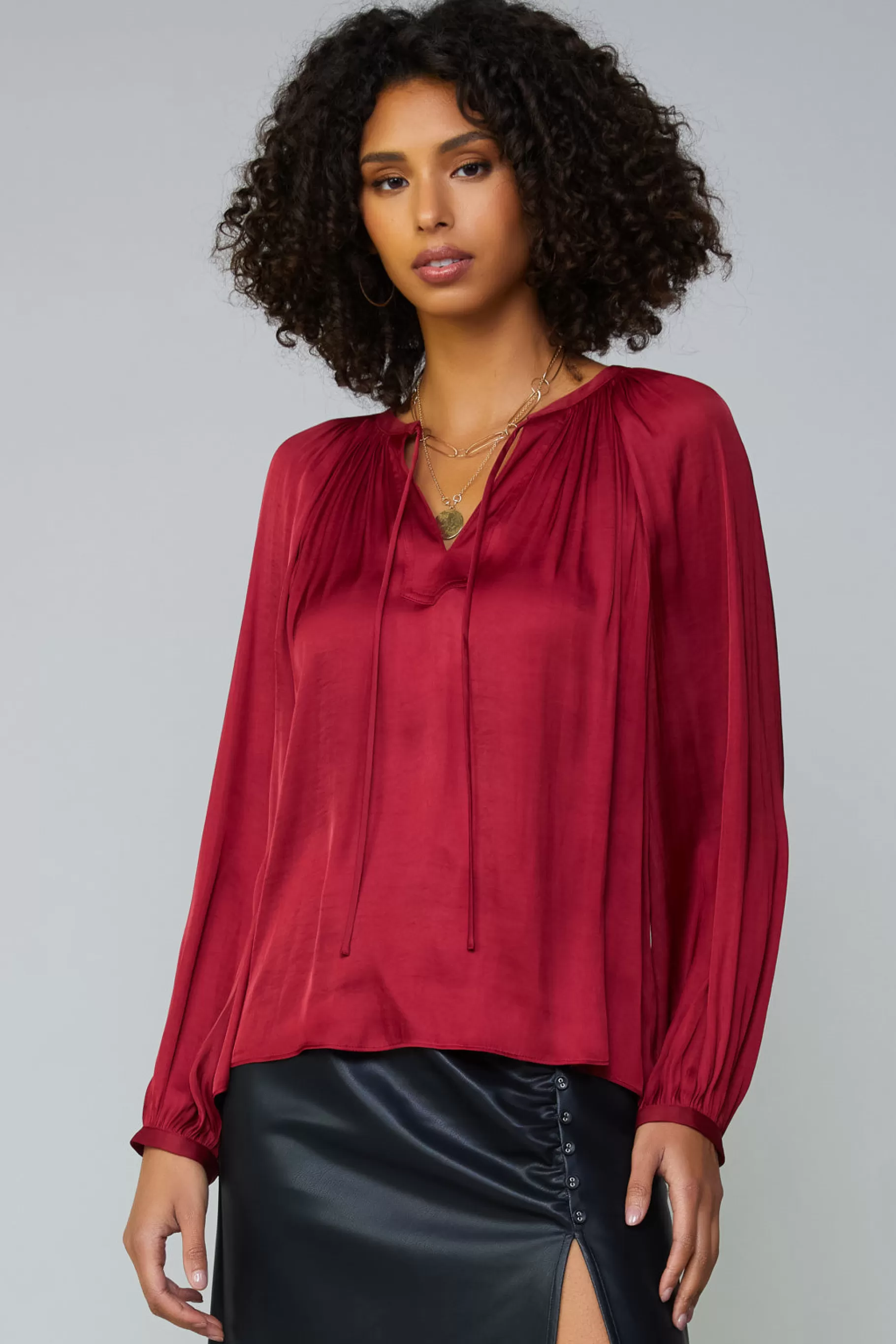 Current Air Long Sleeve Tops>Gathered Splitneck Blouse RUBY