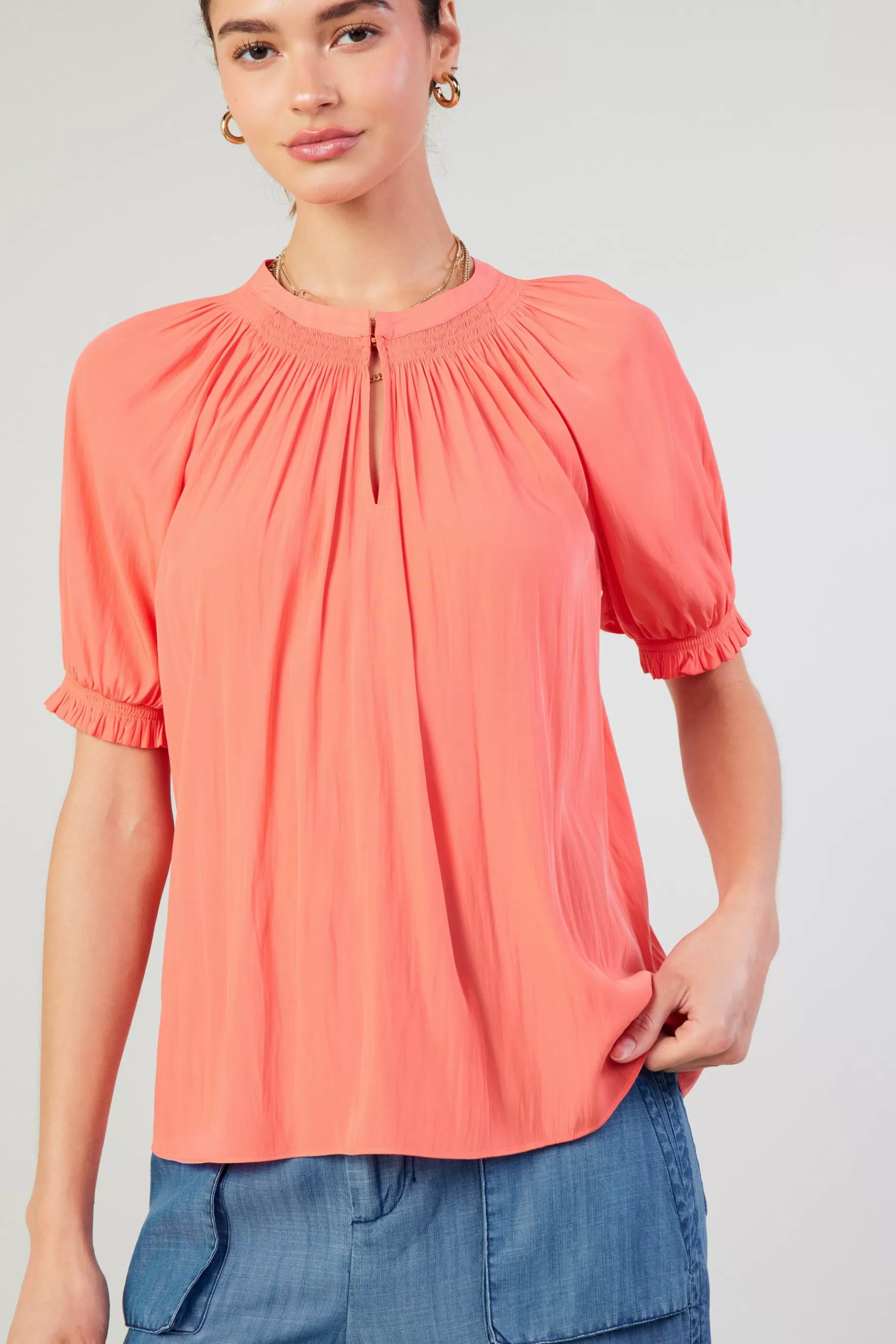 Current Air Short Sleeve Tops>Gathered Yoke Blouse CORAL