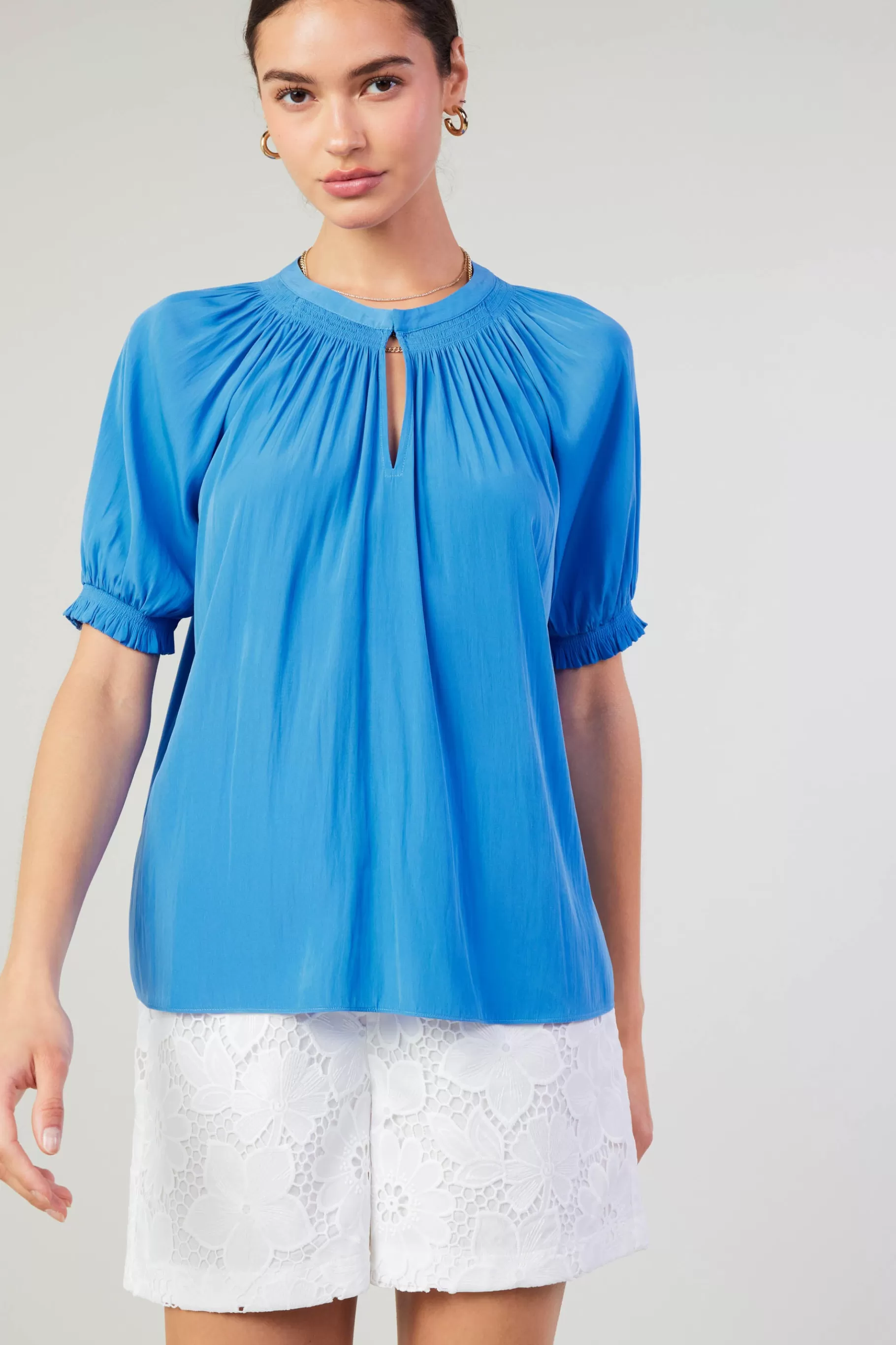 Current Air Short Sleeve Tops>Gathered Yoke Blouse FADEDBLUE