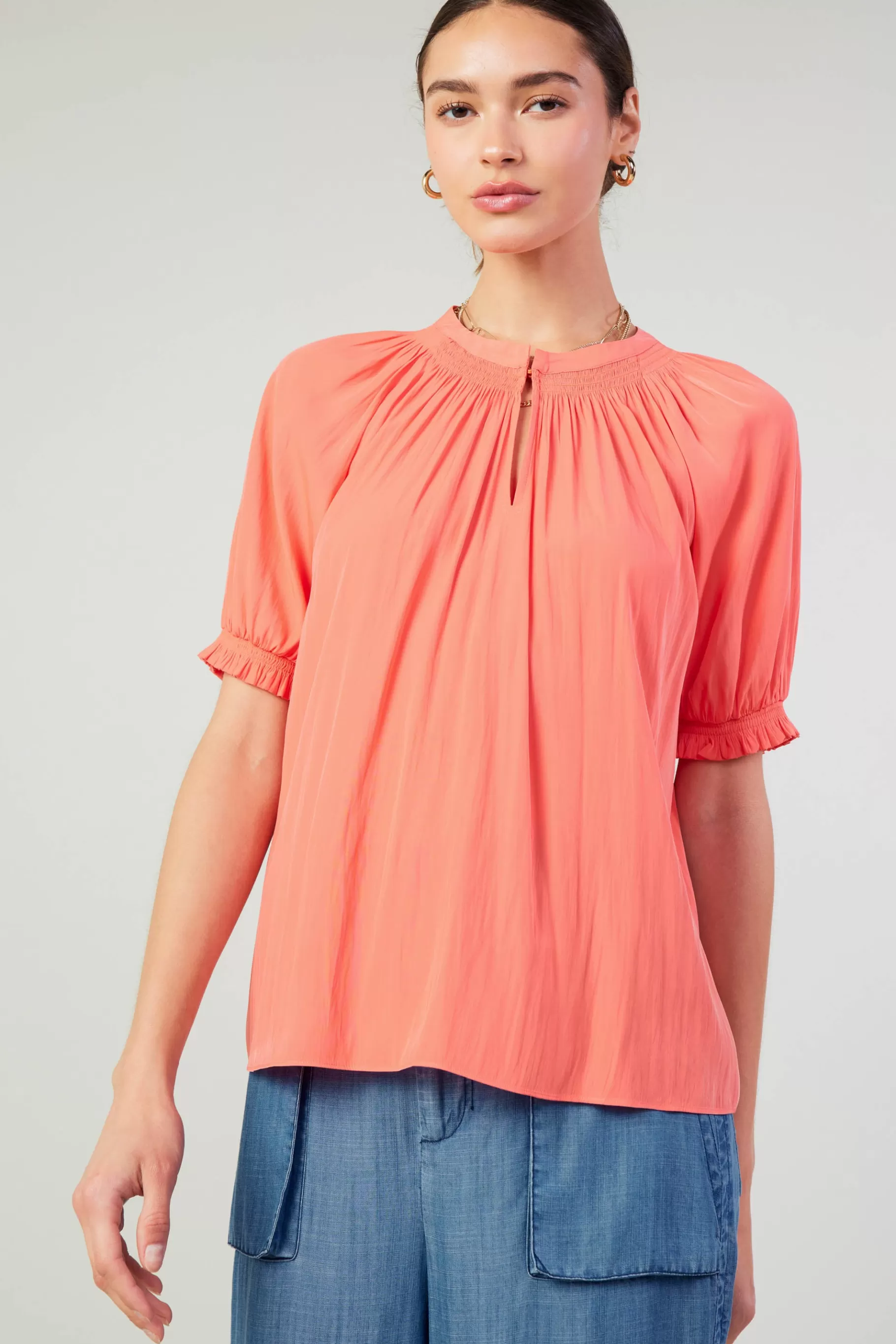 Current Air Short Sleeve Tops>Gathered Yoke Blouse CORAL