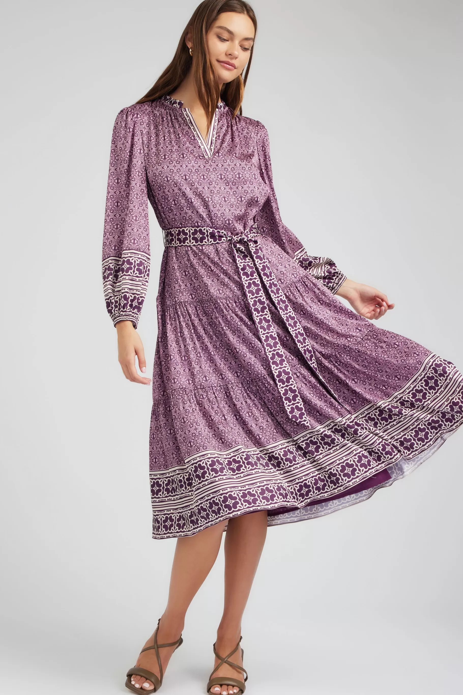 Current Air Maxi Dresses | Midi Dresses>Geo Printed Belted Midi Dress PURPLEMLT