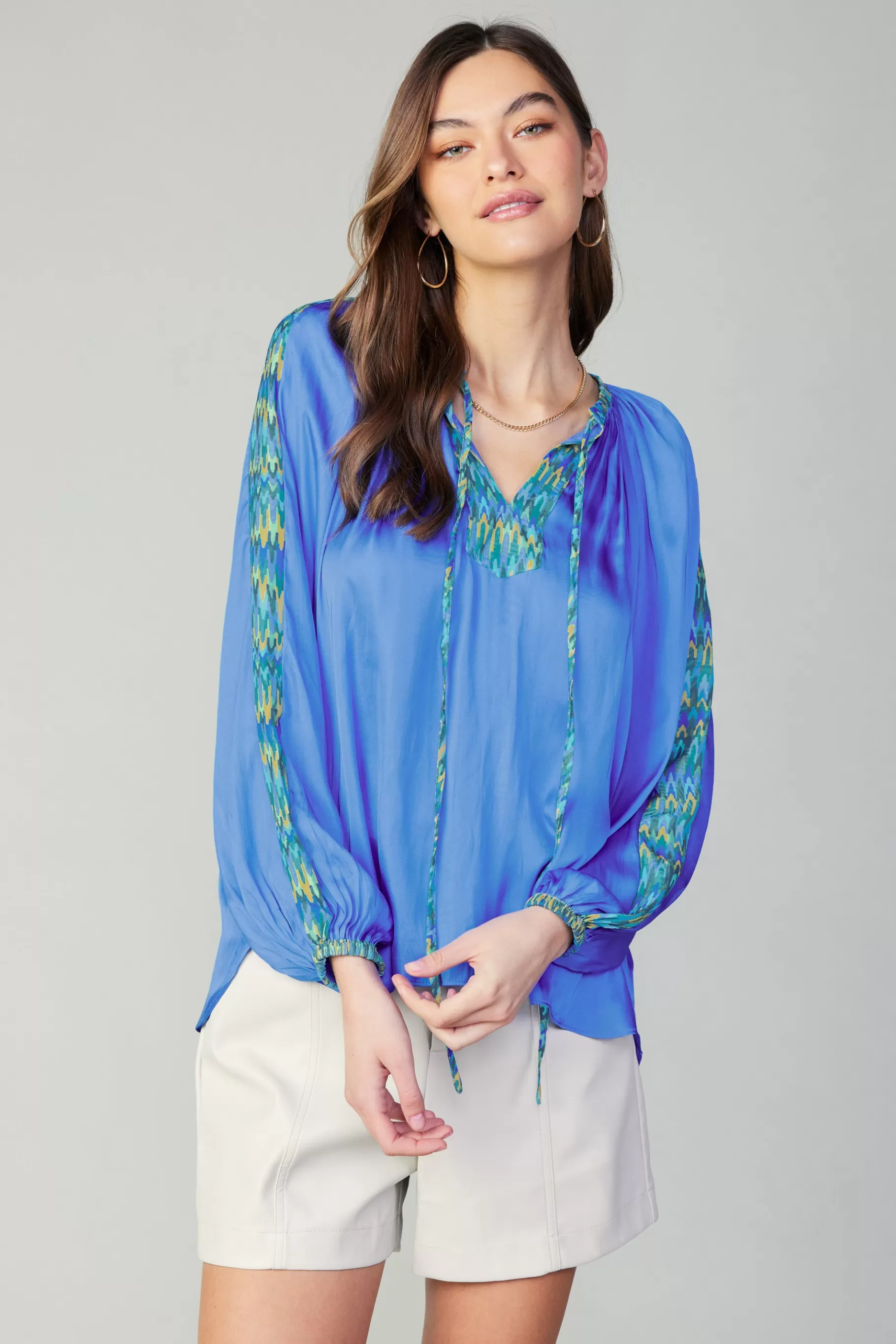 Current Air Long Sleeve Tops>Geometric Patterned Blouse BLUE
