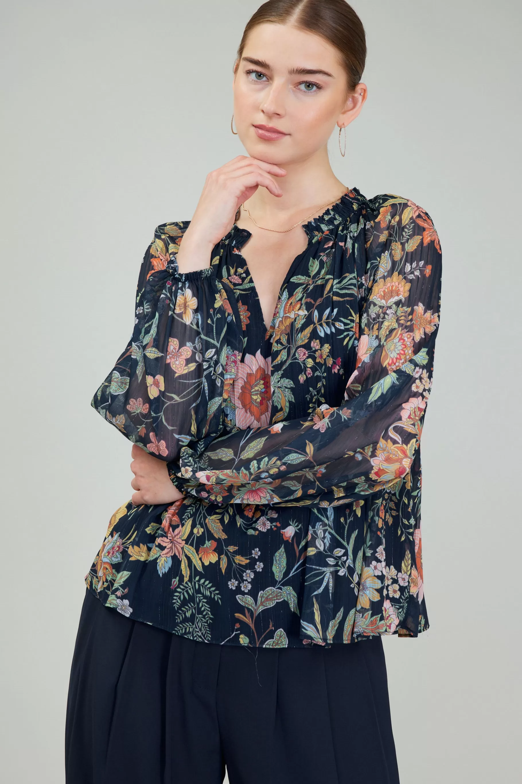 Current Air Long Sleeve Tops>Glimmer Botanical Pleated Blouse NAVYMLT