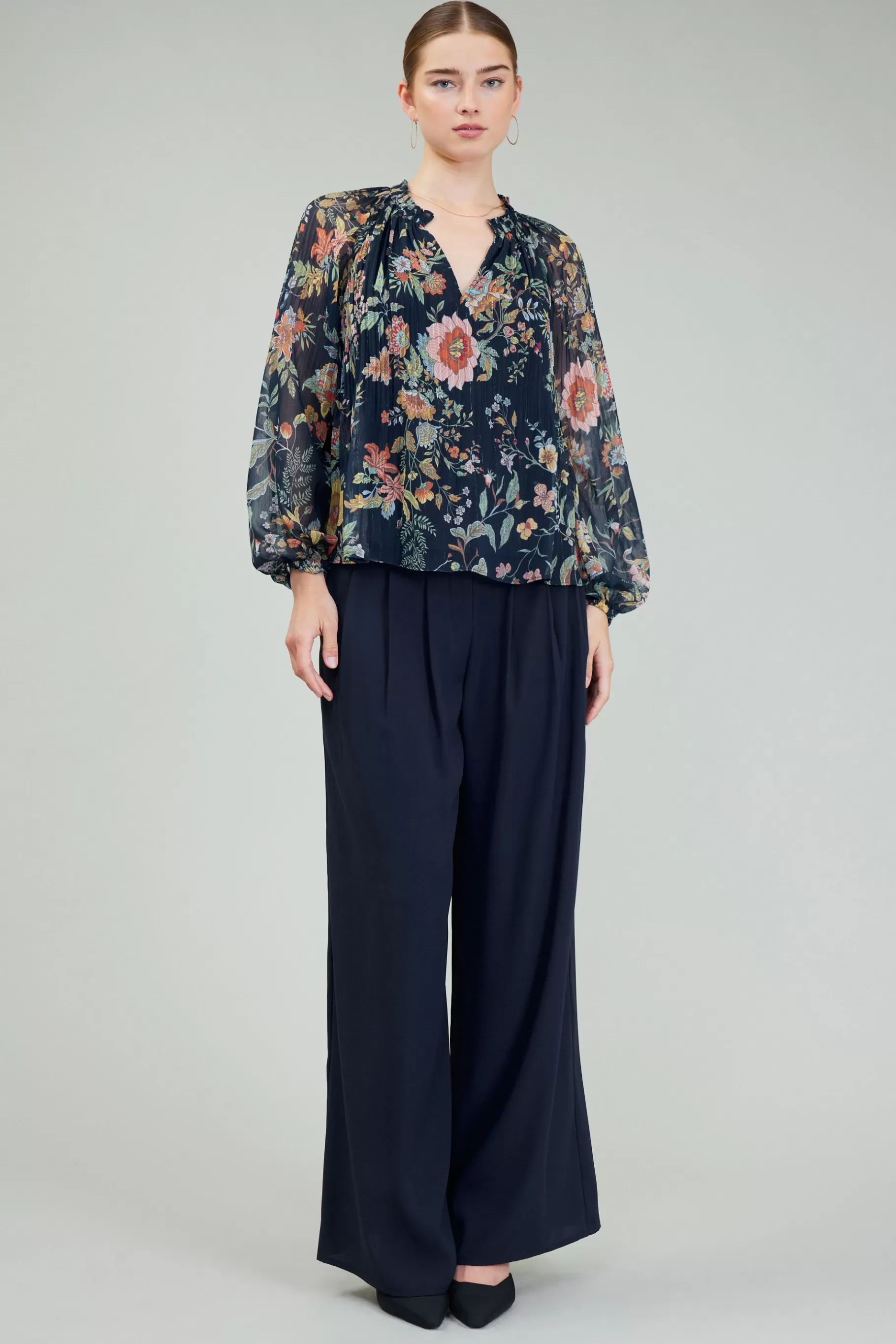 Current Air Long Sleeve Tops>Glimmer Botanical Pleated Blouse NAVYMLT