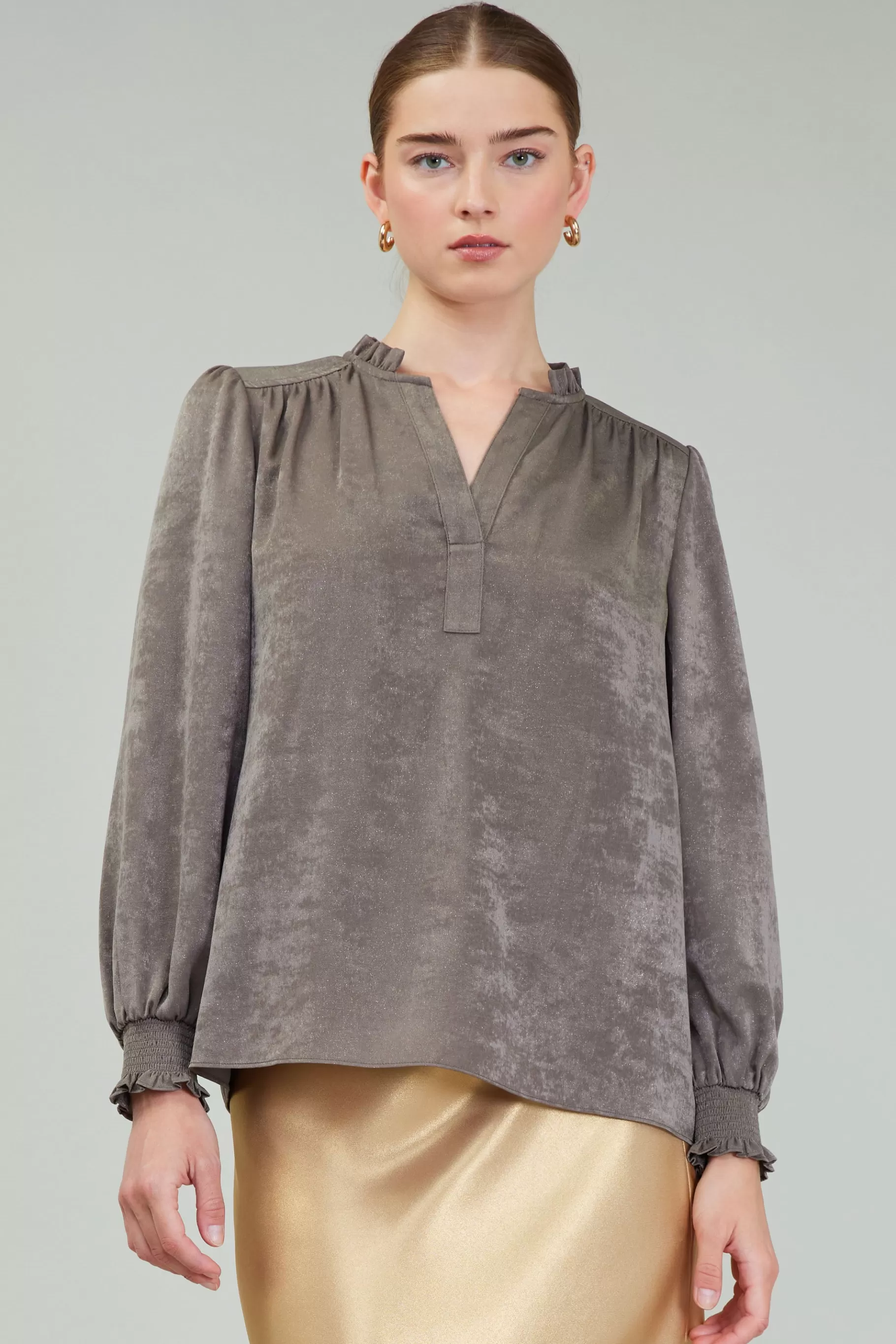 Current Air Long Sleeve Tops>Glimmer Smocked Cuff Blouse DARKOLIVE