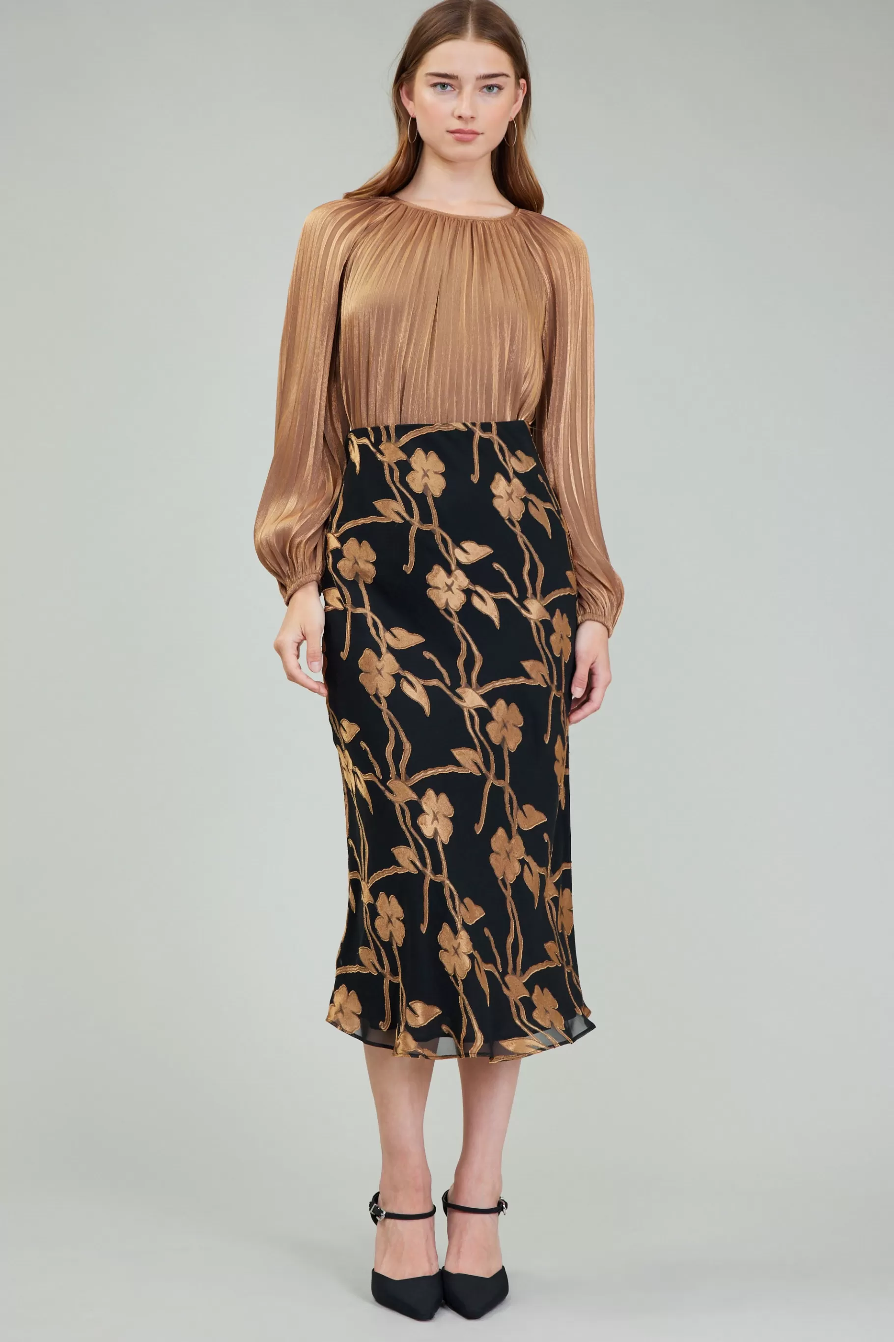 Current Air Skirts>Gold Floral Midi Skirt BLACKGOLD
