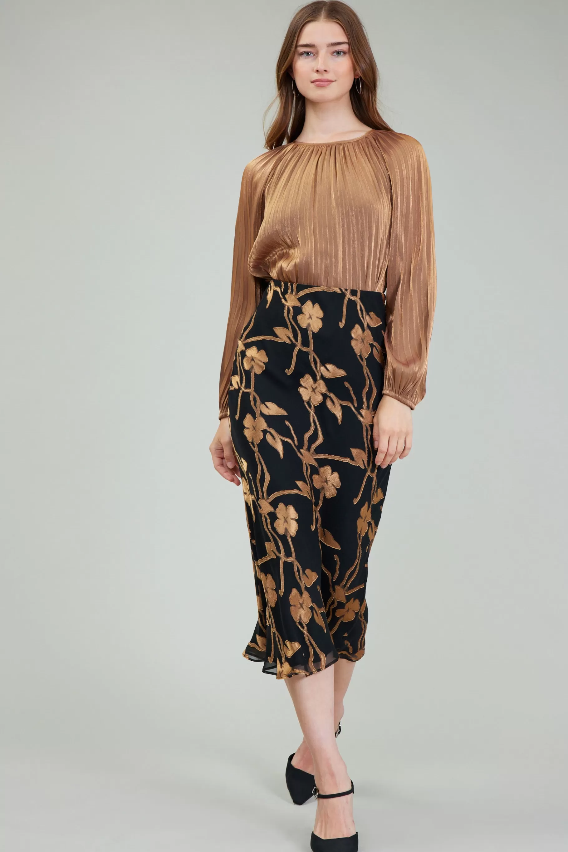 Current Air Skirts>Gold Floral Midi Skirt BLACKGOLD